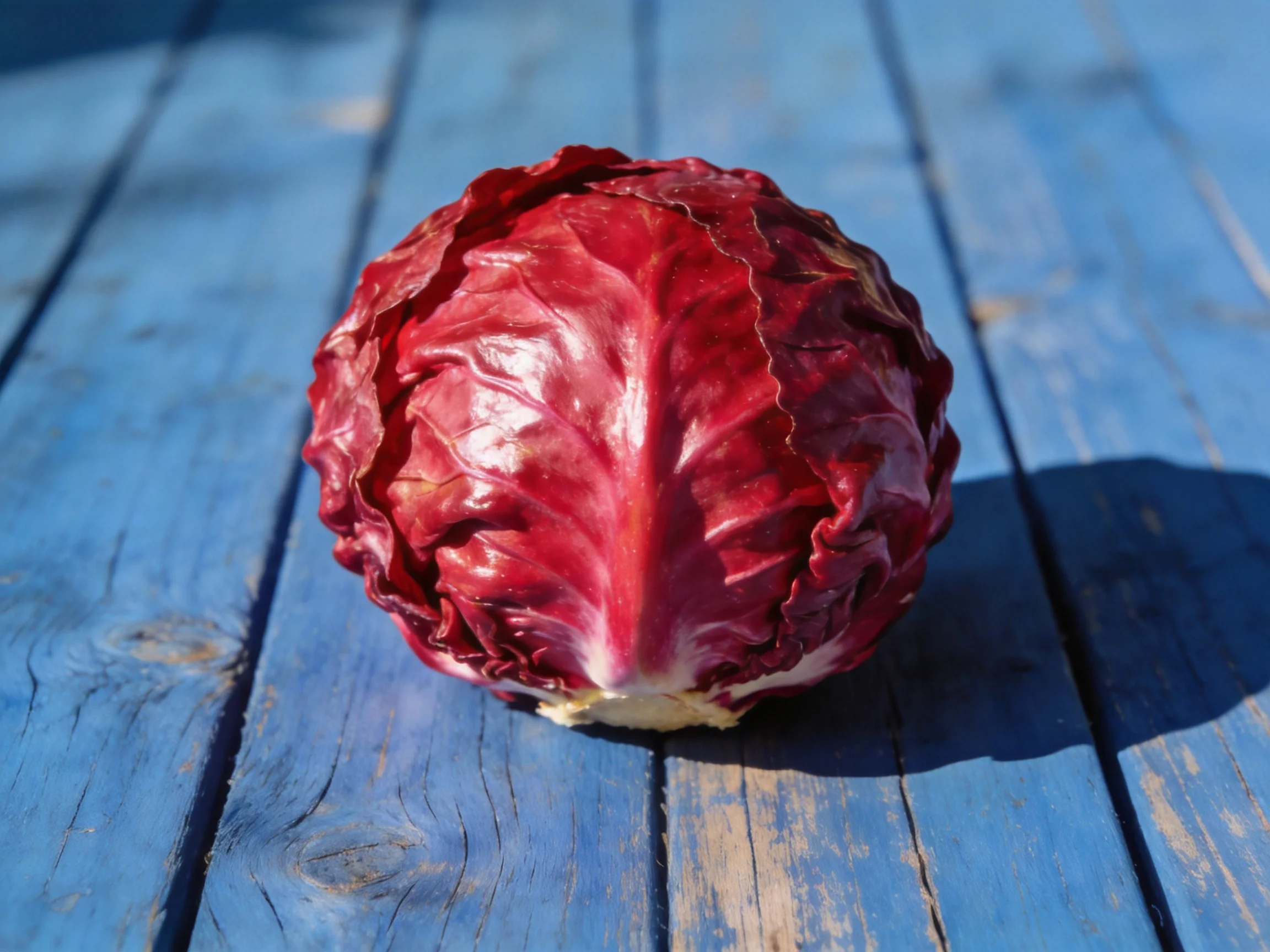 A vibrant red cabbage resting on weathered blue wooden planks