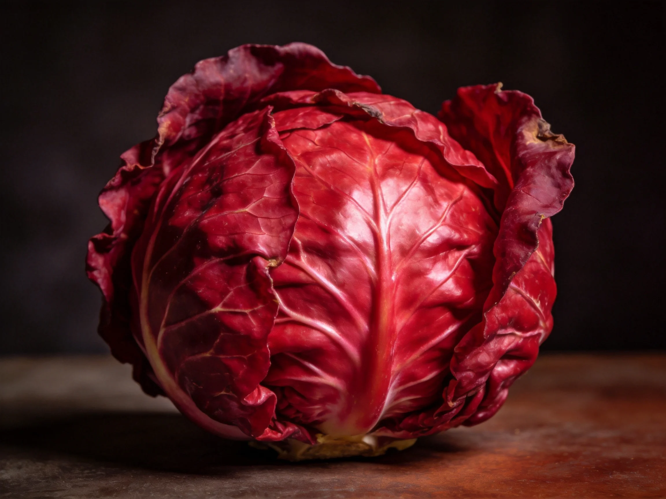A vibrant red cabbage with textured, glossy leaves