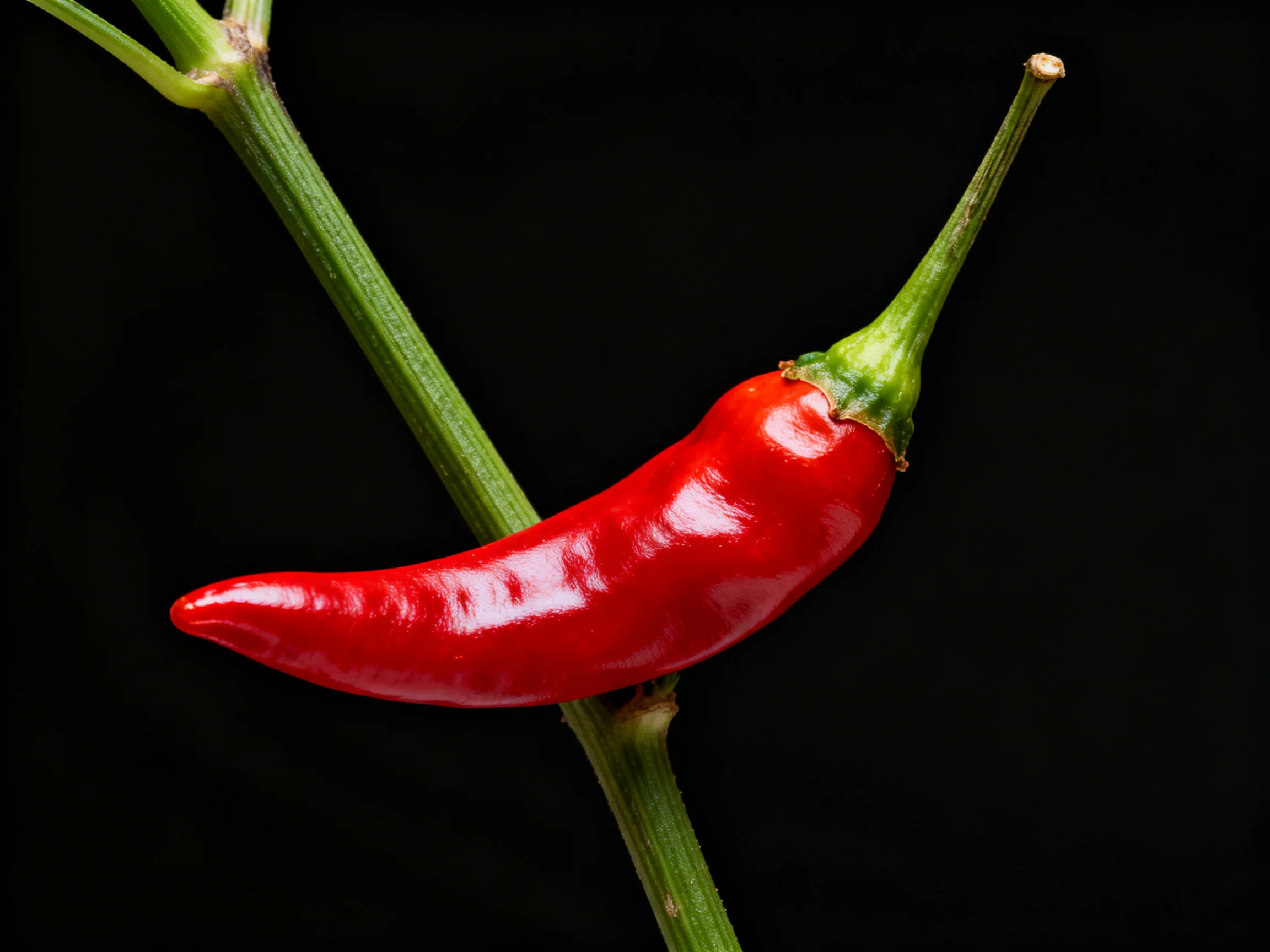 A vibrant red chili pepper attached to two green stems against a solid black background