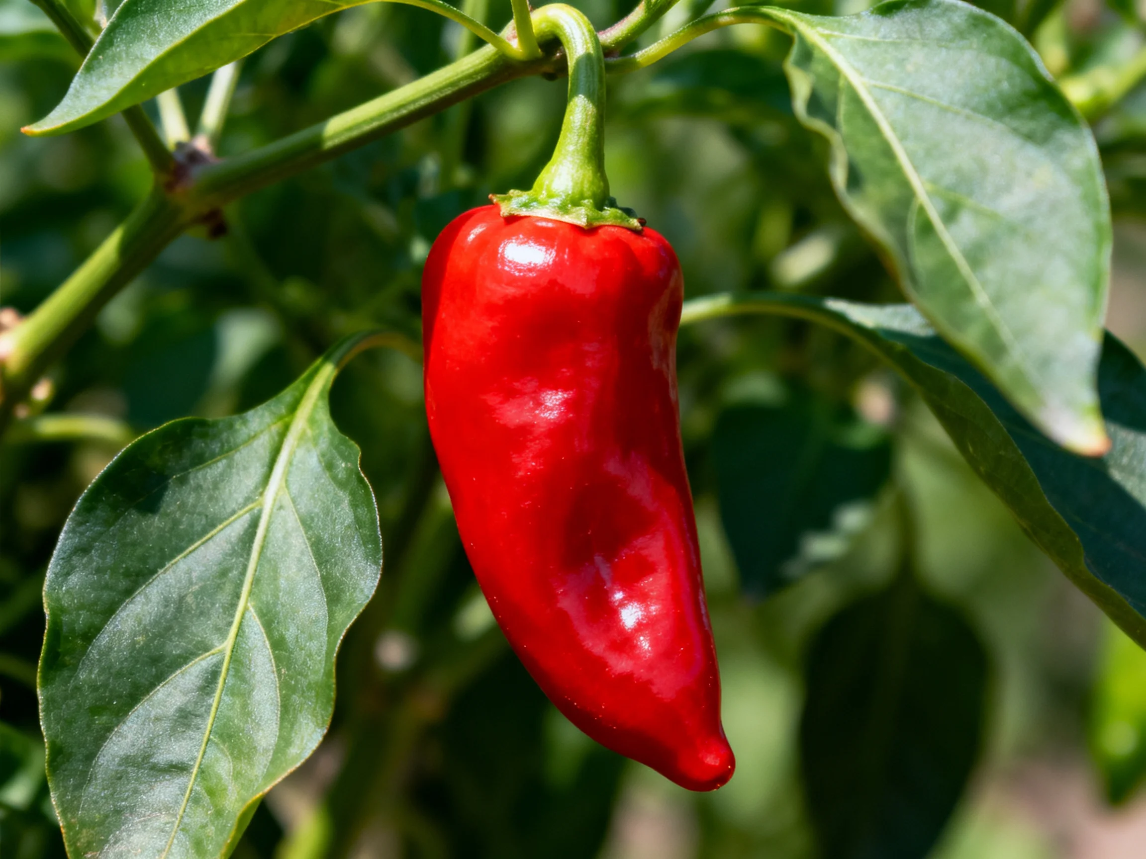 A vibrant red chili pepper growing among lush green foliage.