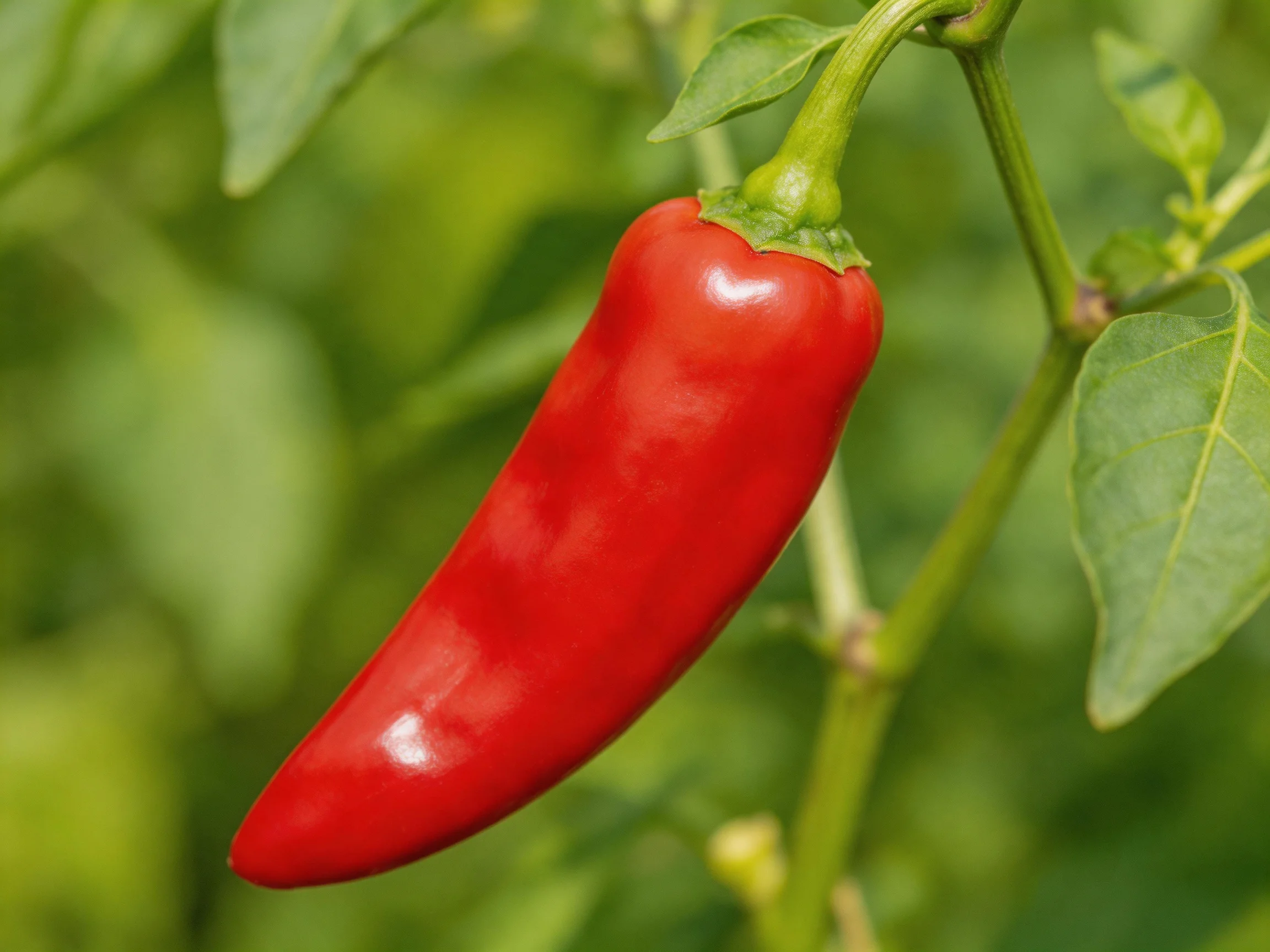 A vibrant red chili pepper hanging from a green plant stem