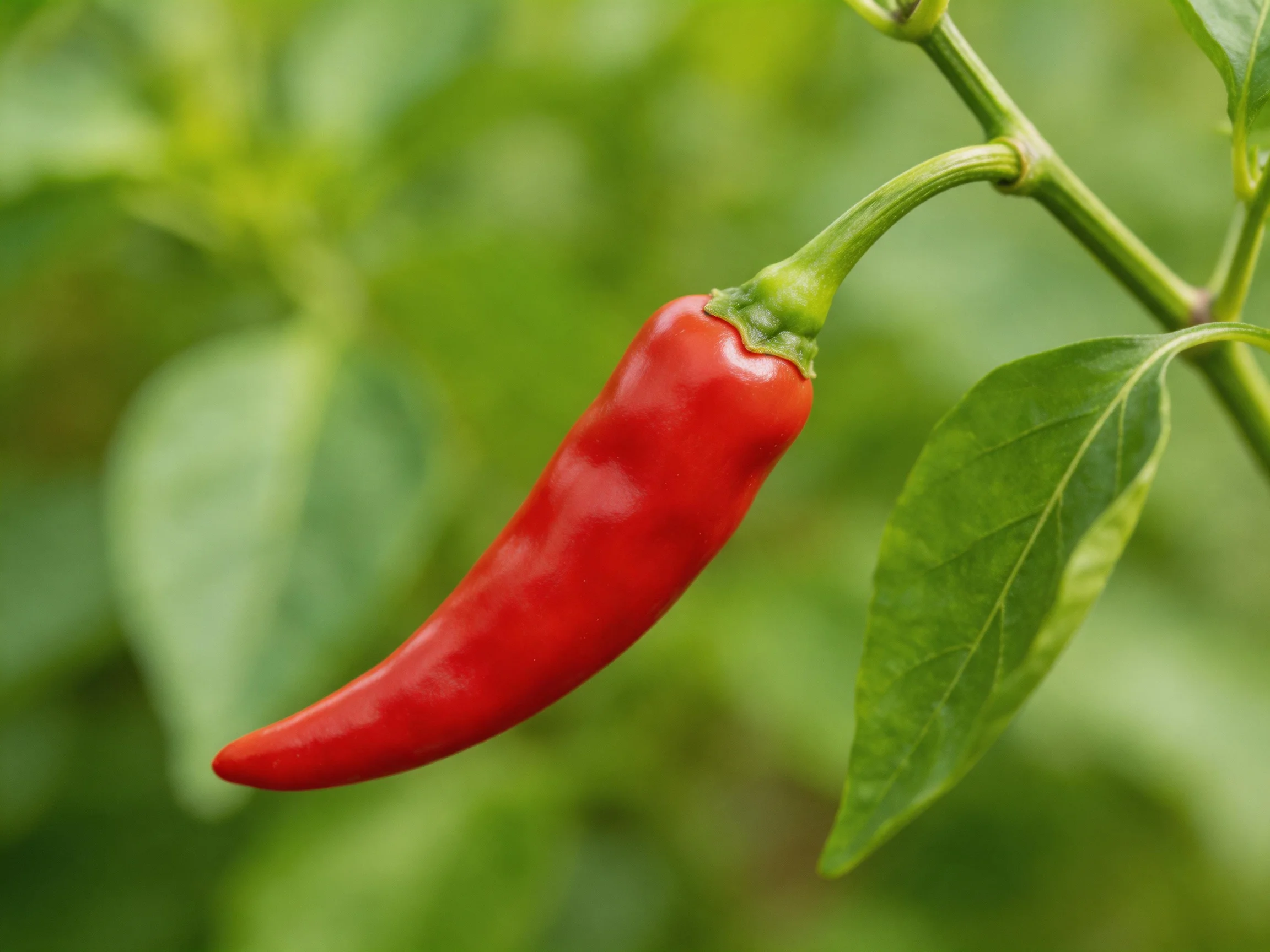 A vibrant red chili pepper hanging from a green stem with lush foliage
