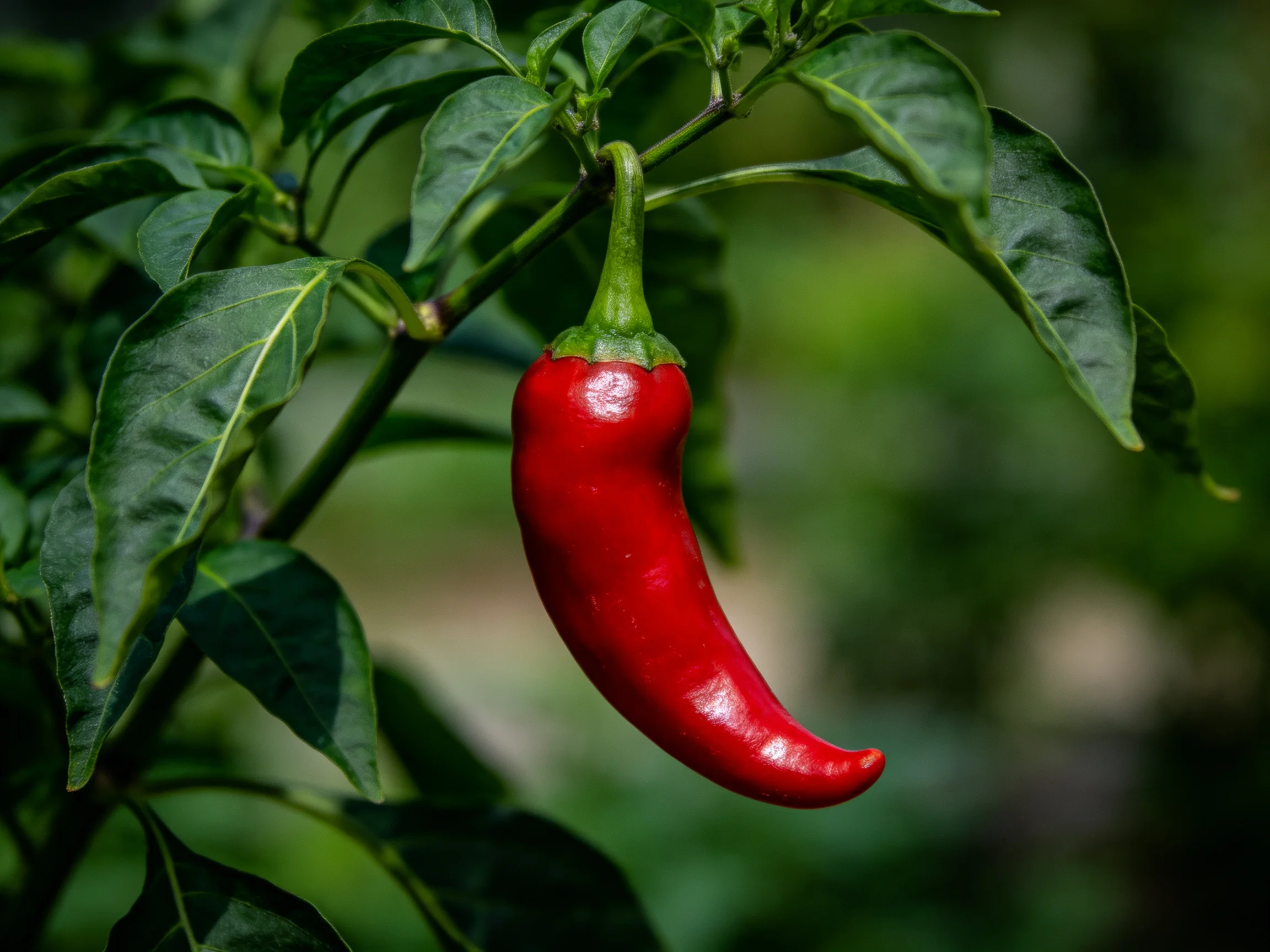 A single bright red chili pepper hangs among lush green leaves.