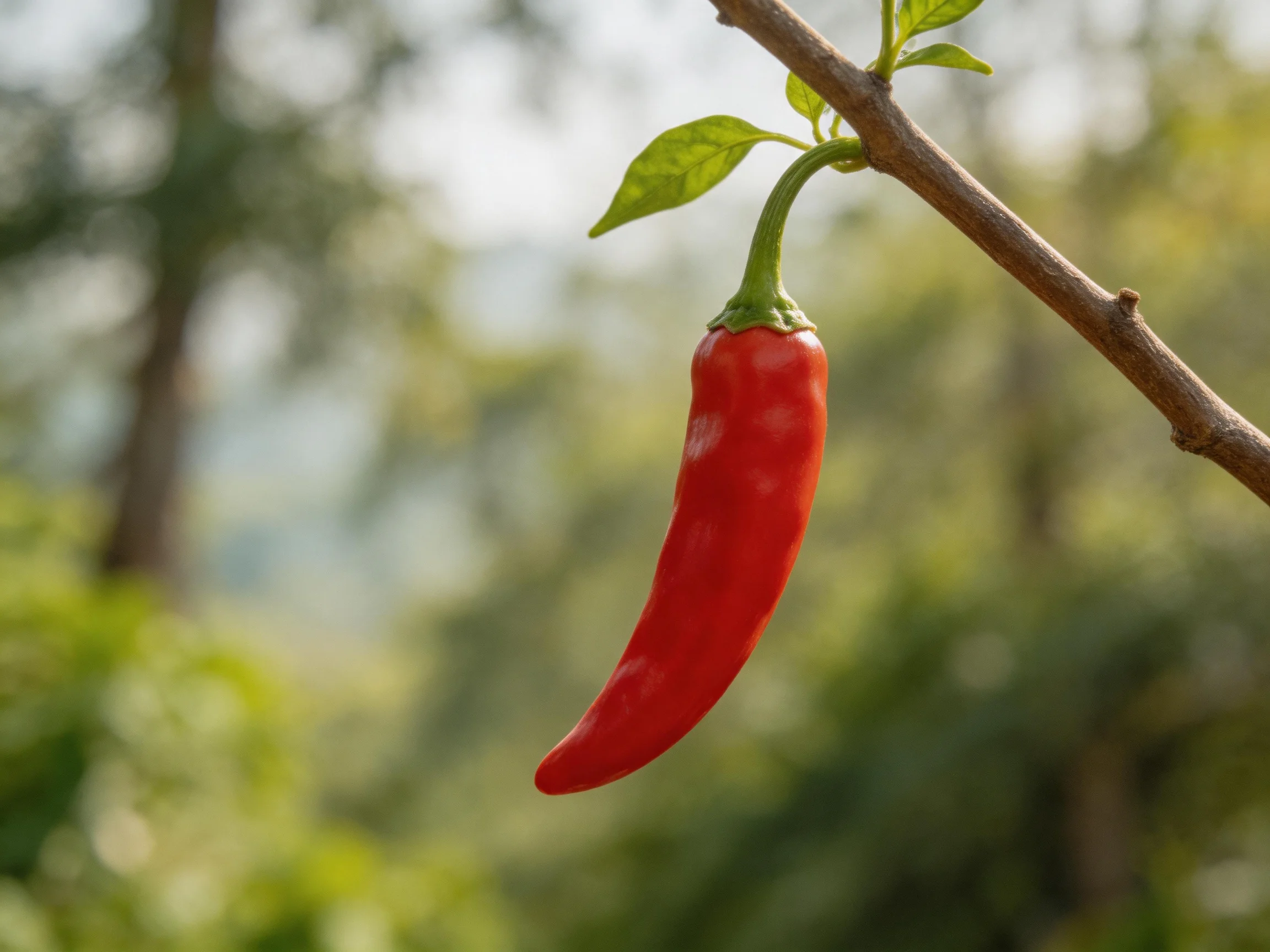 A vibrant red chili pepper hangs from a branch with green foliage in the background