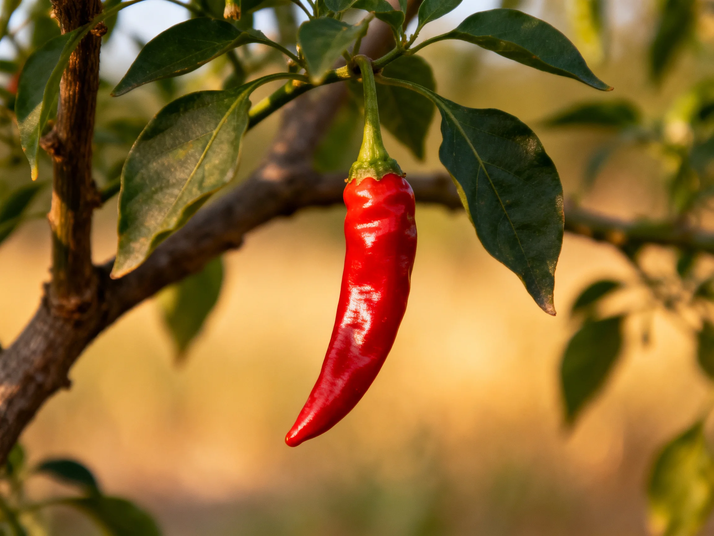 A vibrant red chili pepper hangs from a leafy branch
