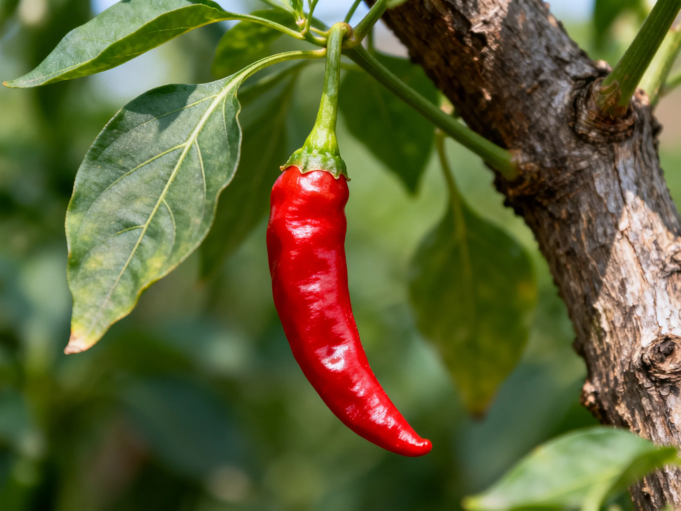 A vibrant red chili pepper hangs from a leafy plant near a textured tree trunk