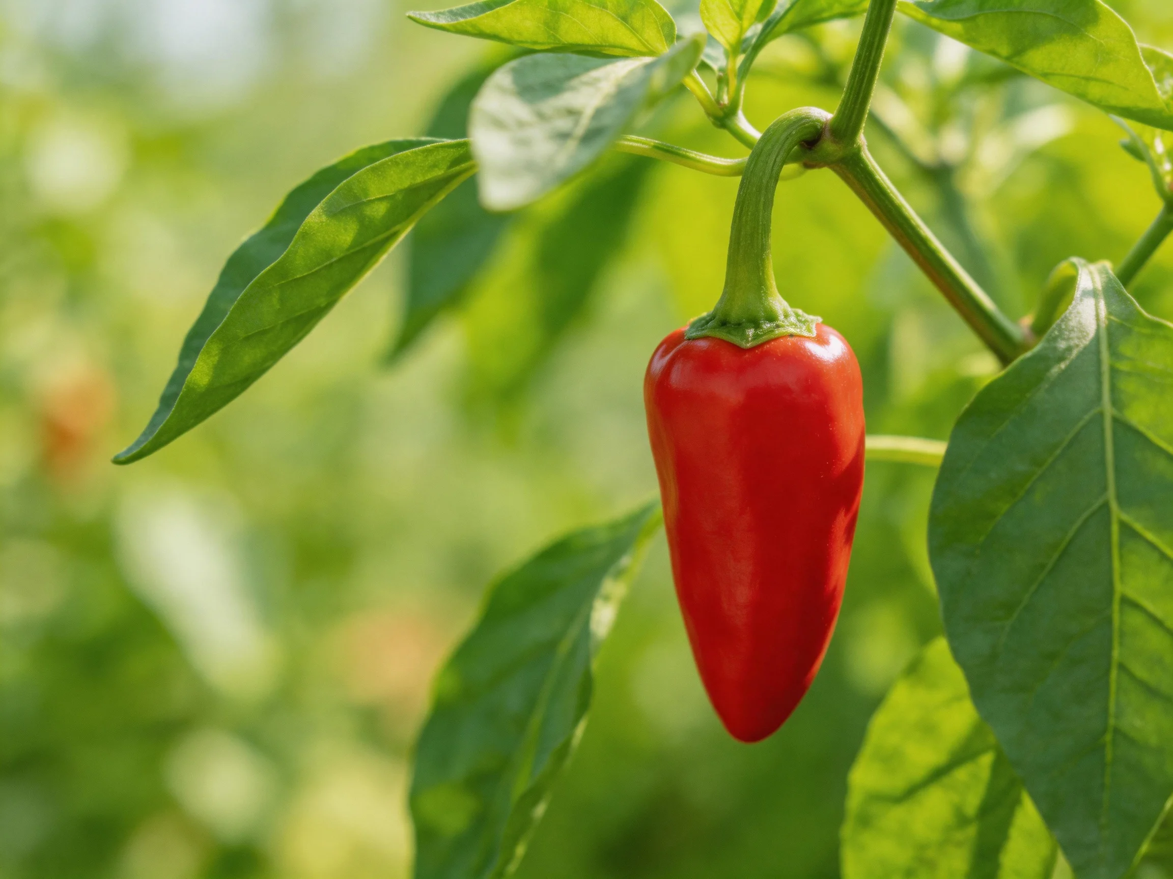 A vibrant red chili pepper hangs from lush green foliage