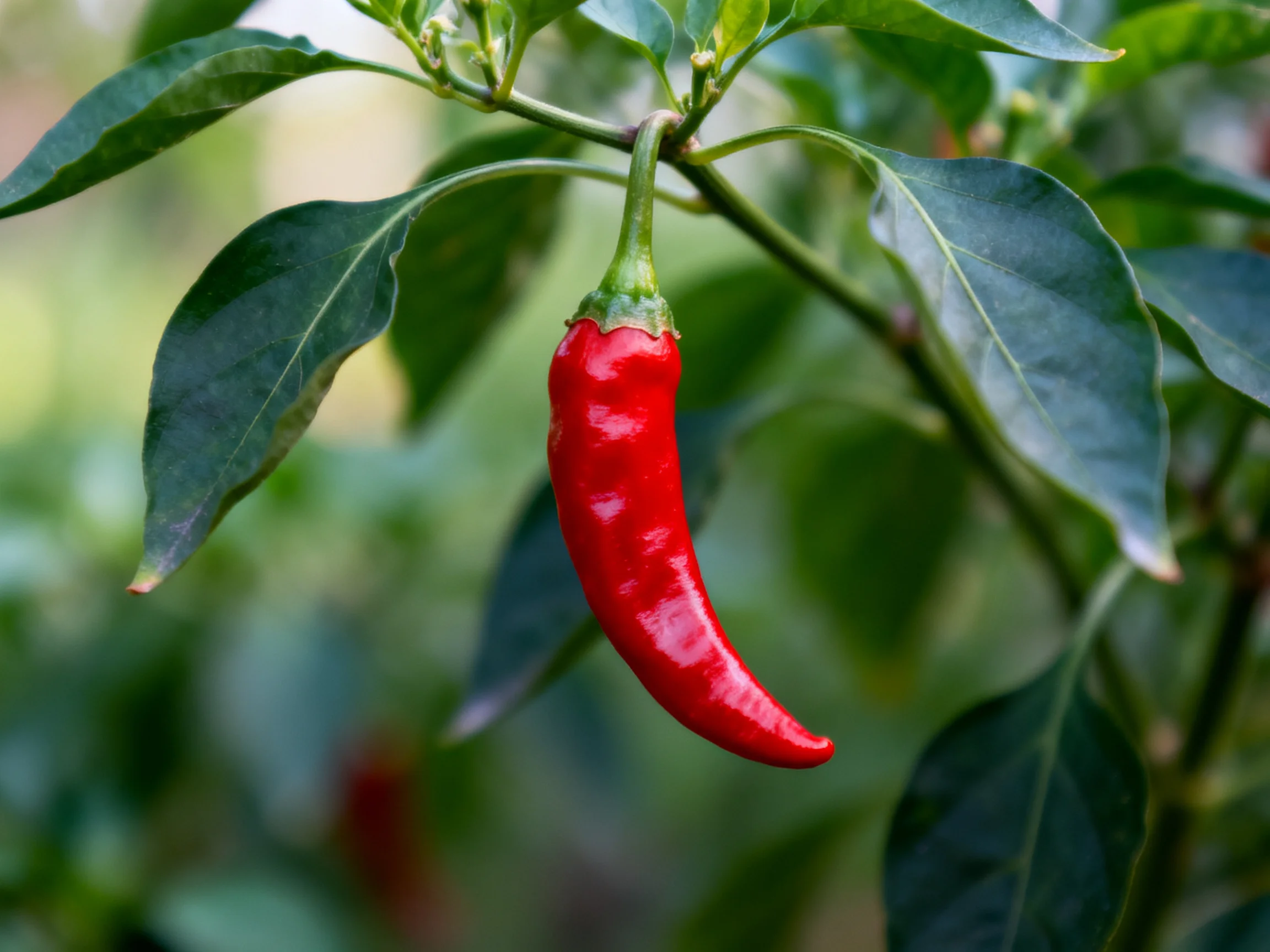 A vibrant red chili pepper hangs from lush green foliage