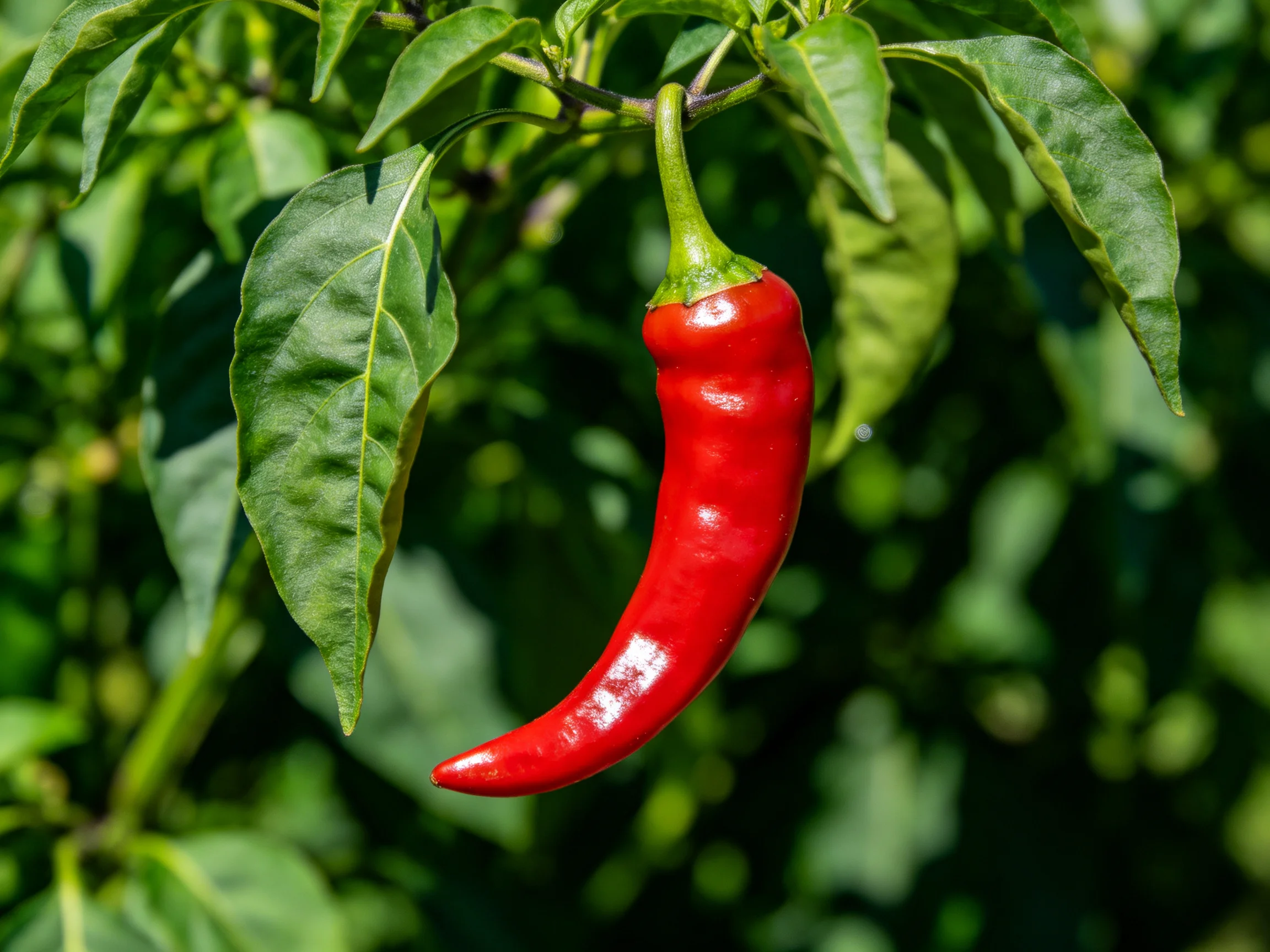 A vibrant red chili pepper hangs from lush green foliage