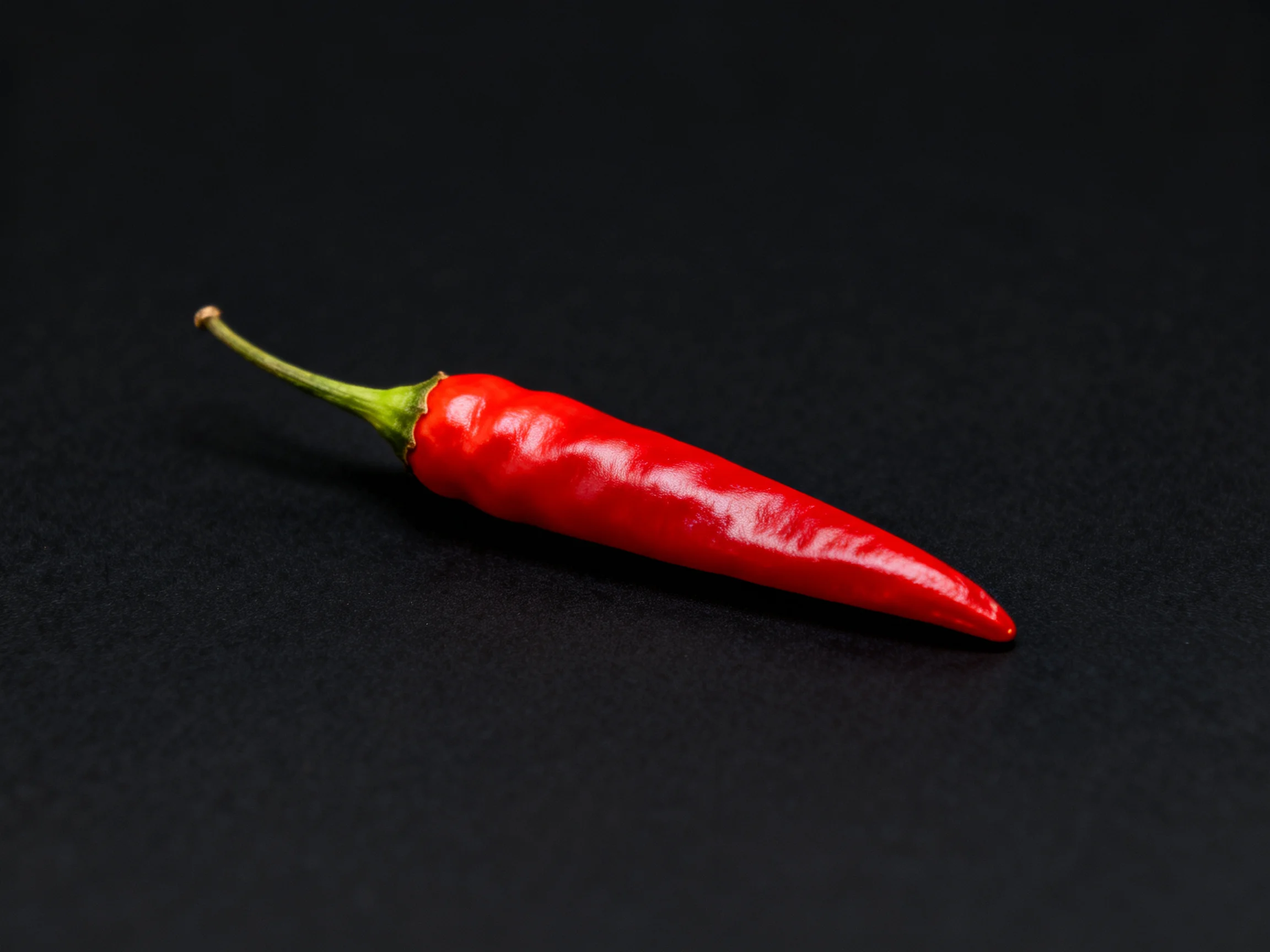 A vibrant red chili pepper resting on a solid black surface
