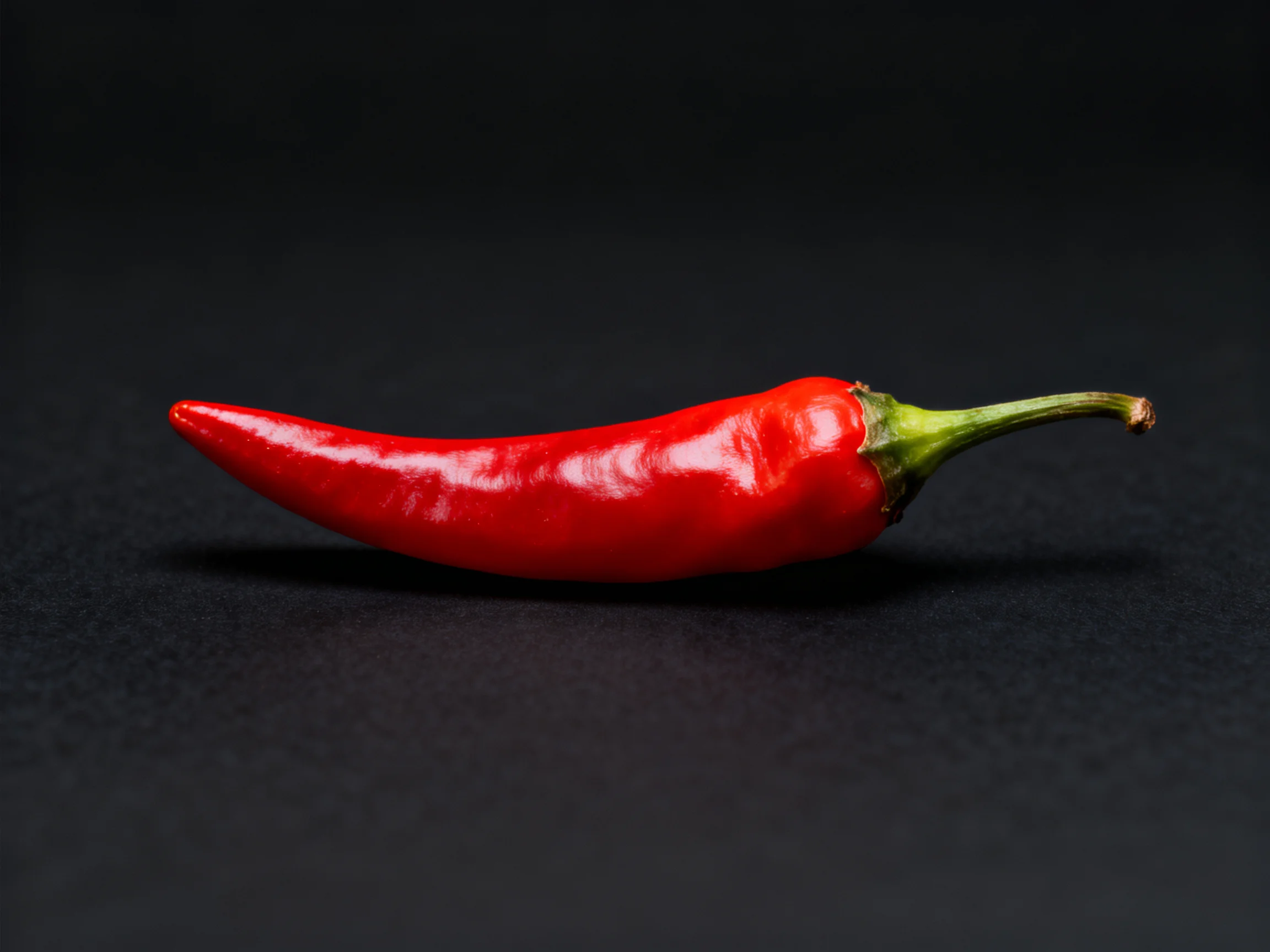 A vibrant red chili pepper resting on a solid black surface