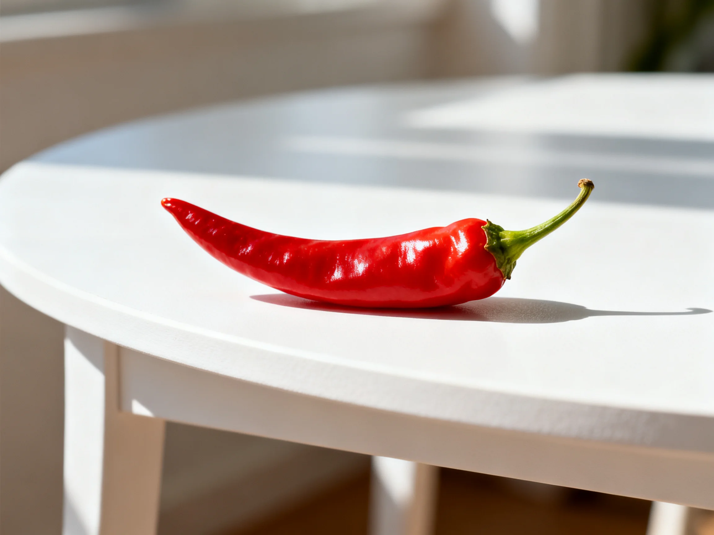 A vibrant red chili pepper resting on a white circular table