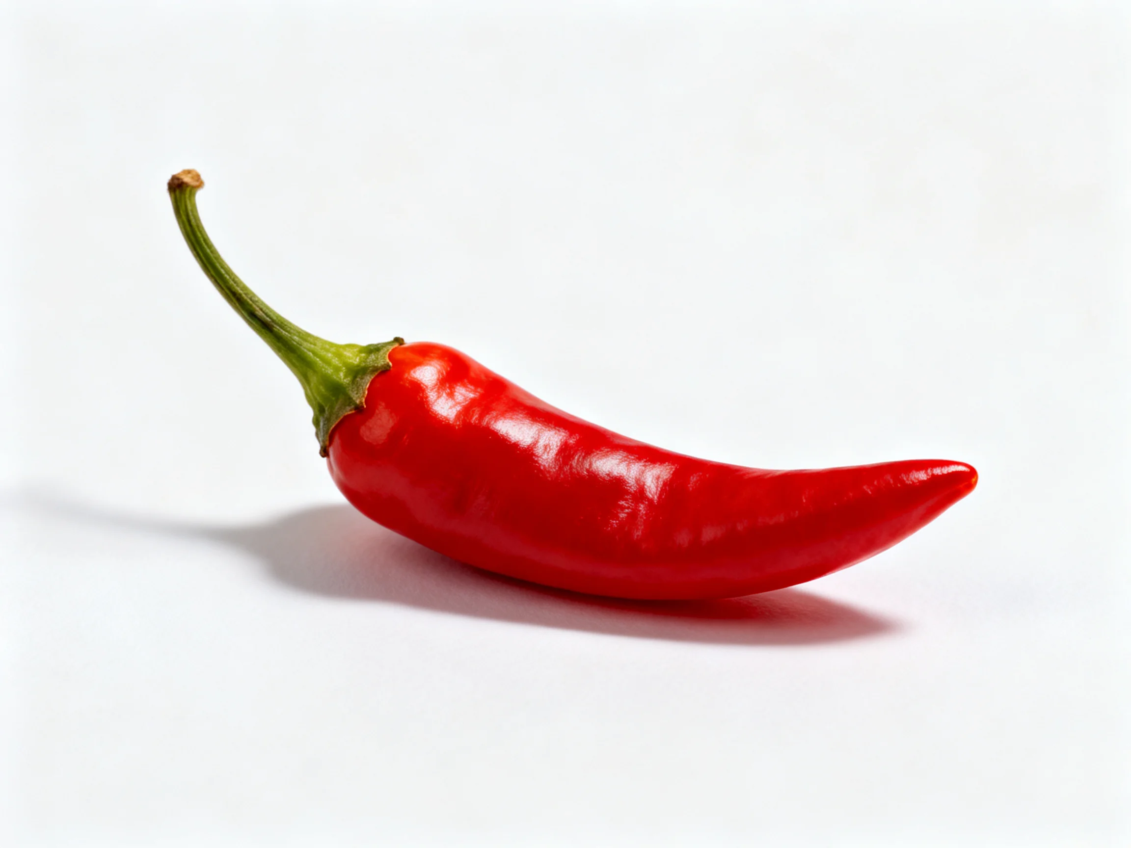 A vibrant red chili pepper with a curved body and green stem