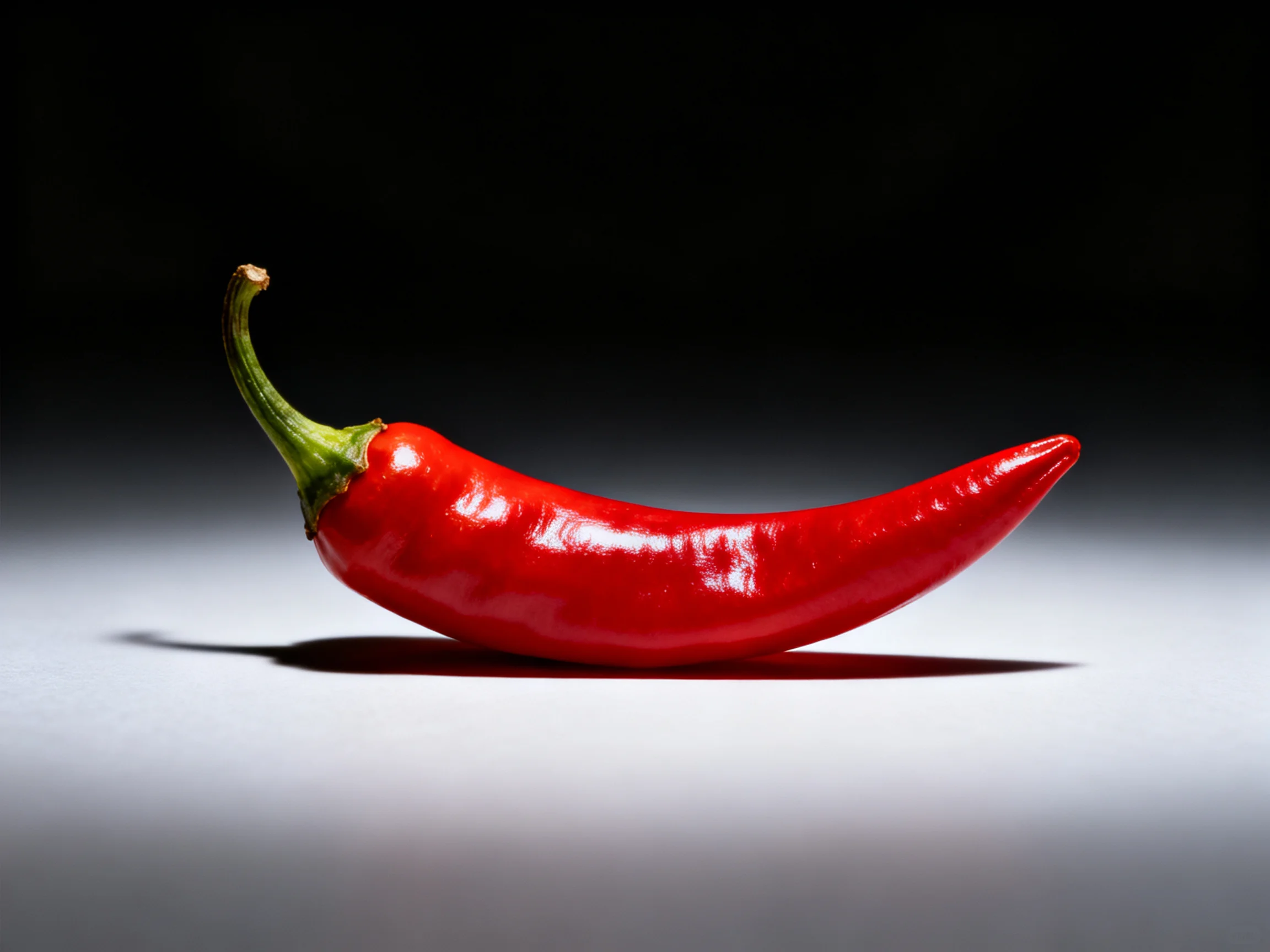 A vibrant red chili pepper with a curved form and green stem