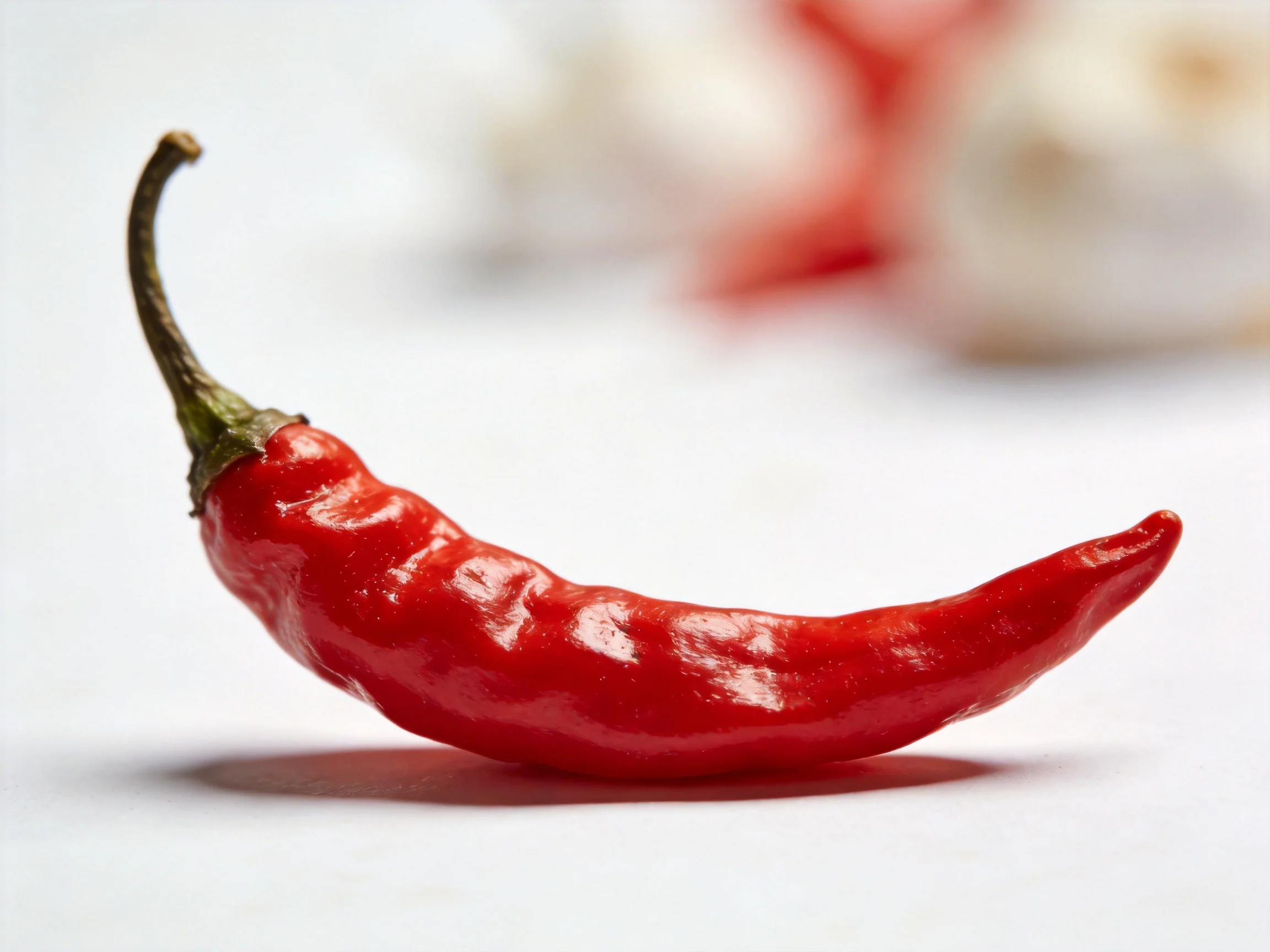 A vibrant red chili pepper with a curved shape and glossy surface