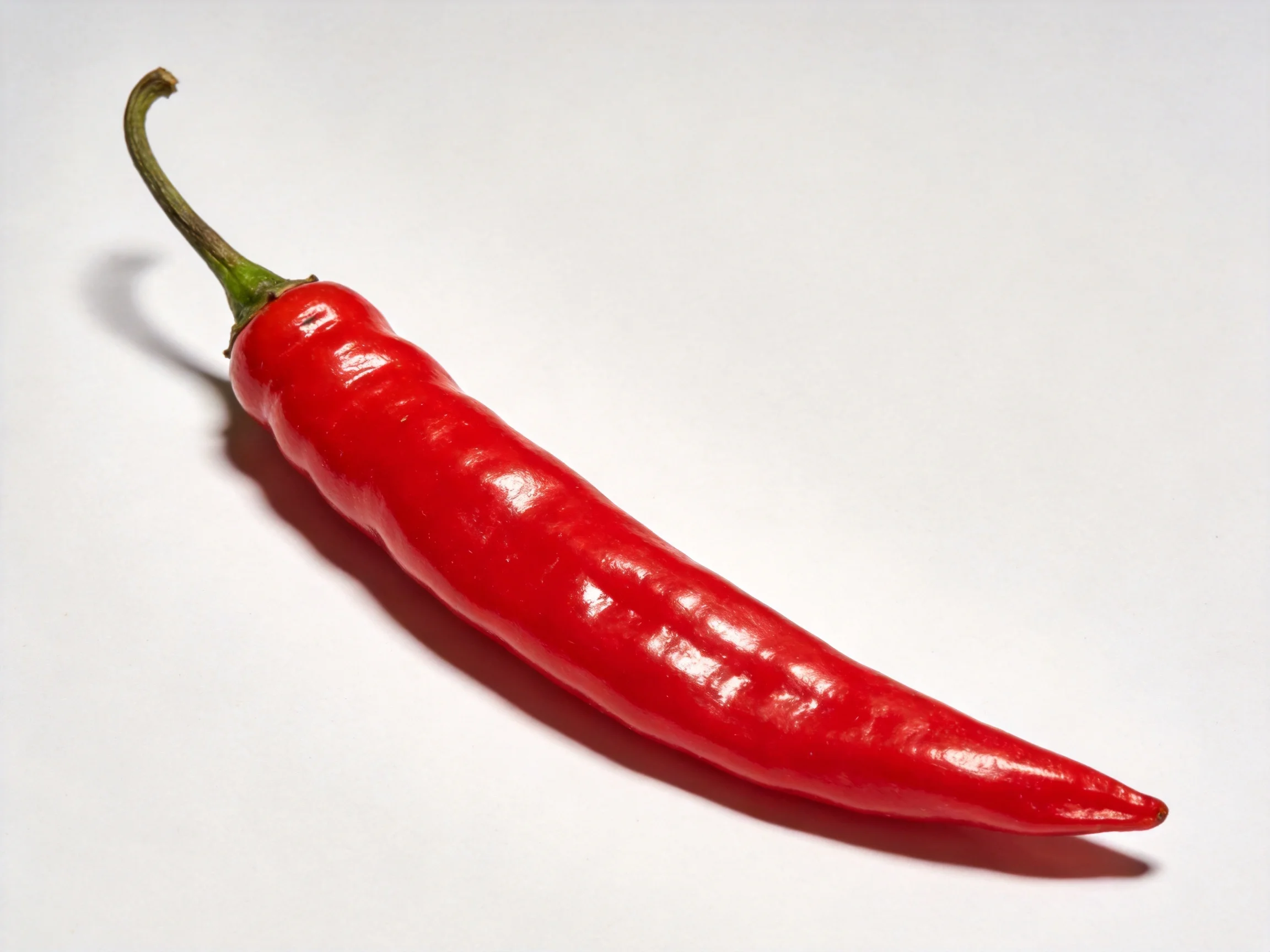 A vibrant red chili pepper with a curved stem on plain white