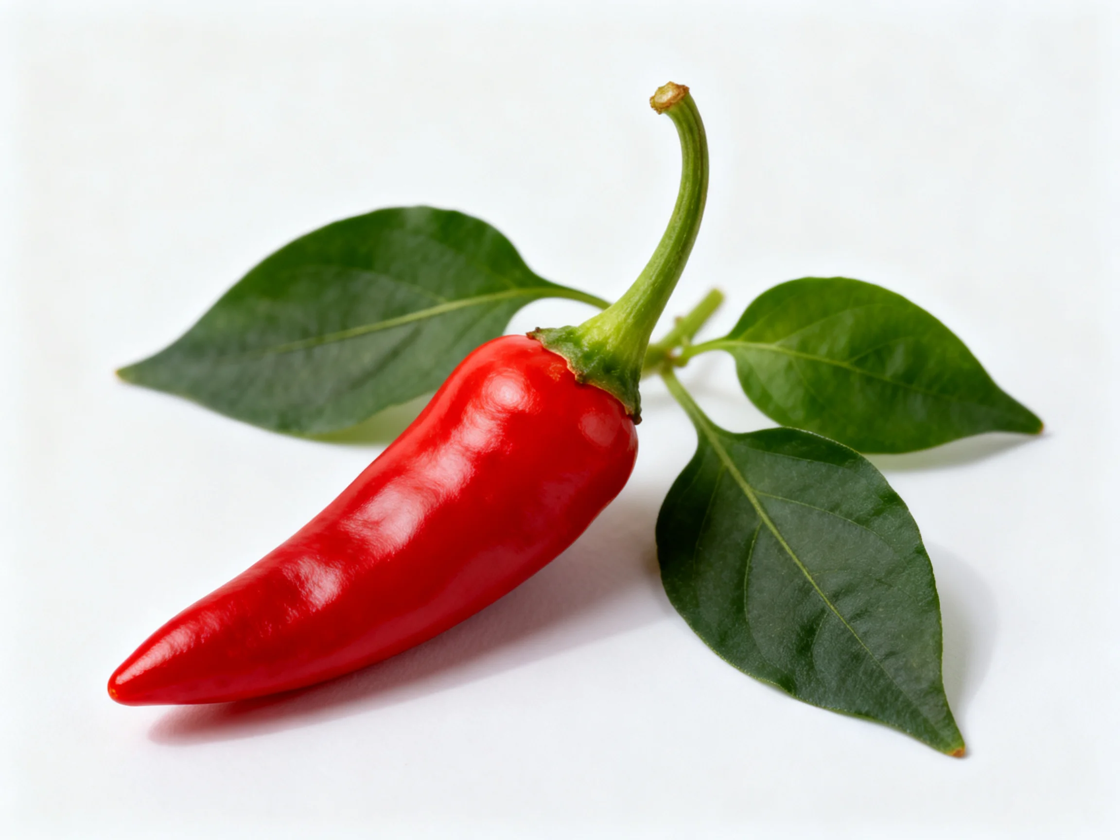 A vibrant red chili pepper with fresh green leaves on a white surface