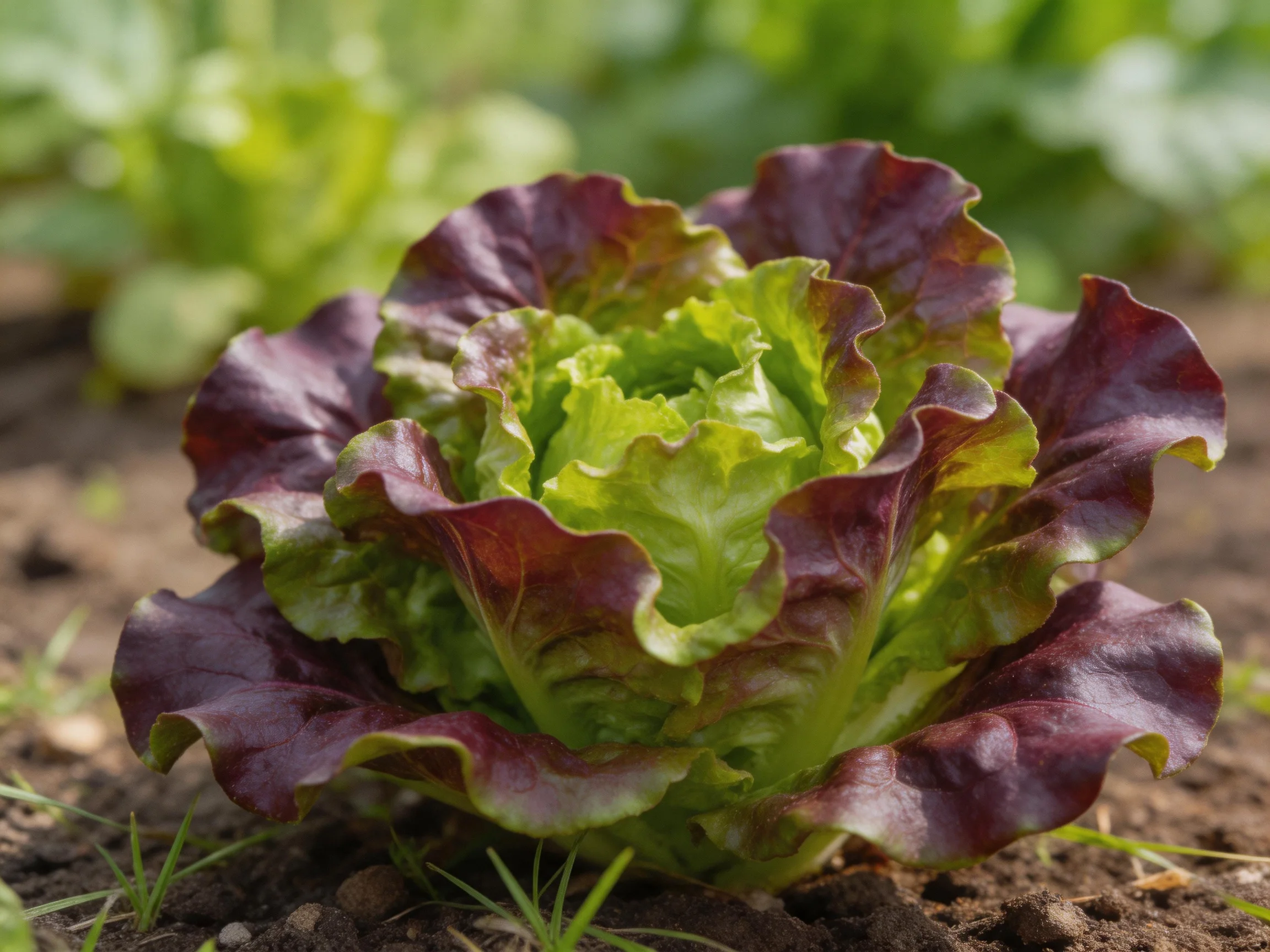 A vibrant red-green lettuce head grows in fertile garden soil