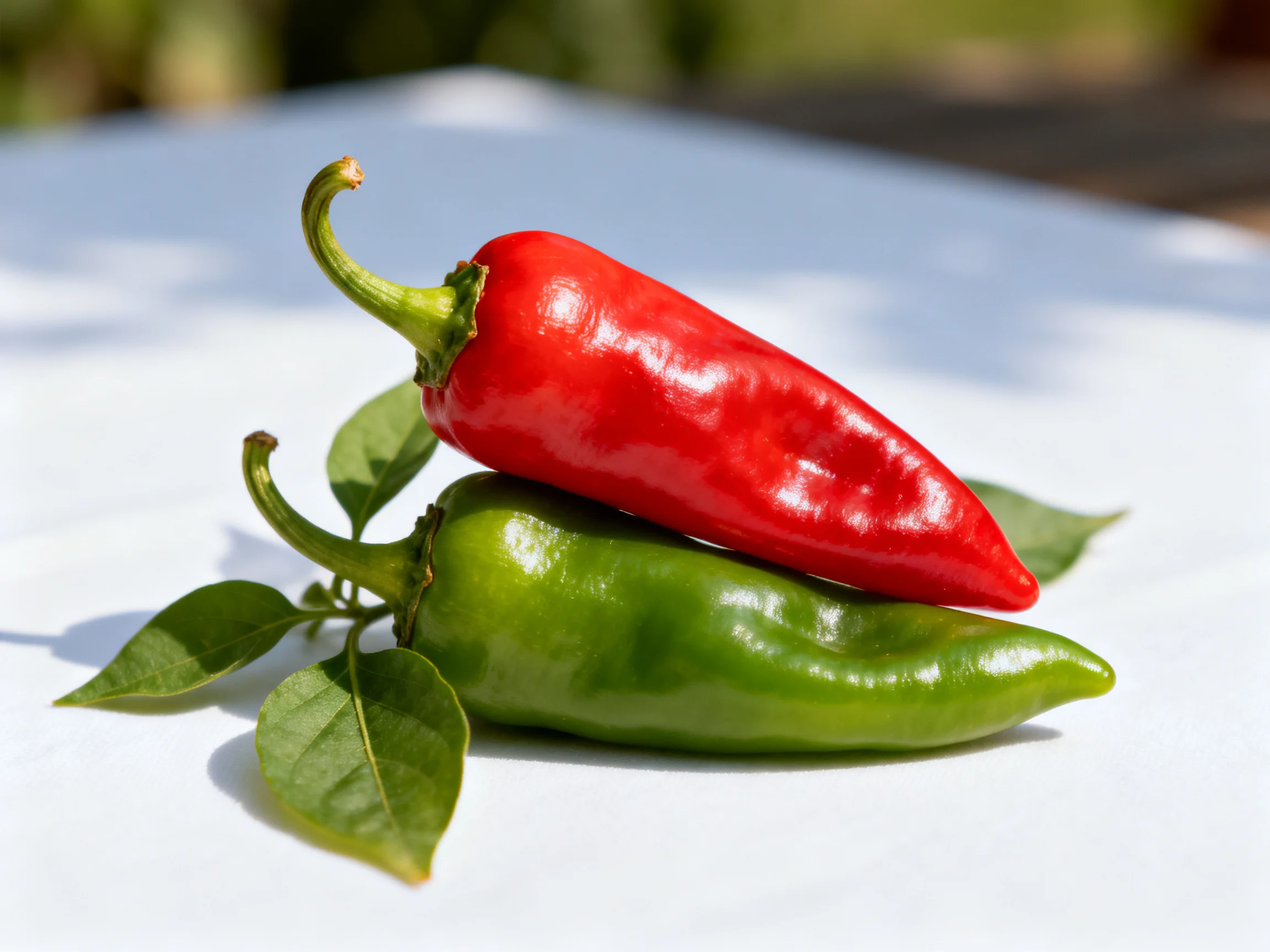 A vibrant red pepper rests upon a glossy green pepper beside fresh foliage