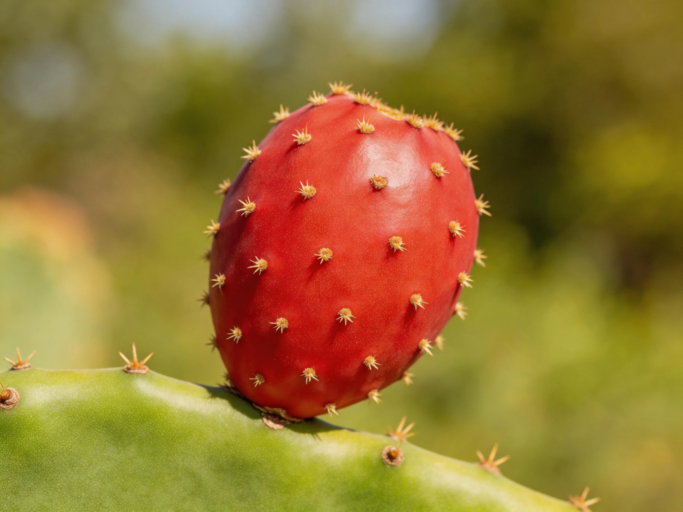 A vibrant red prickly pear fruit on a green cactus pad