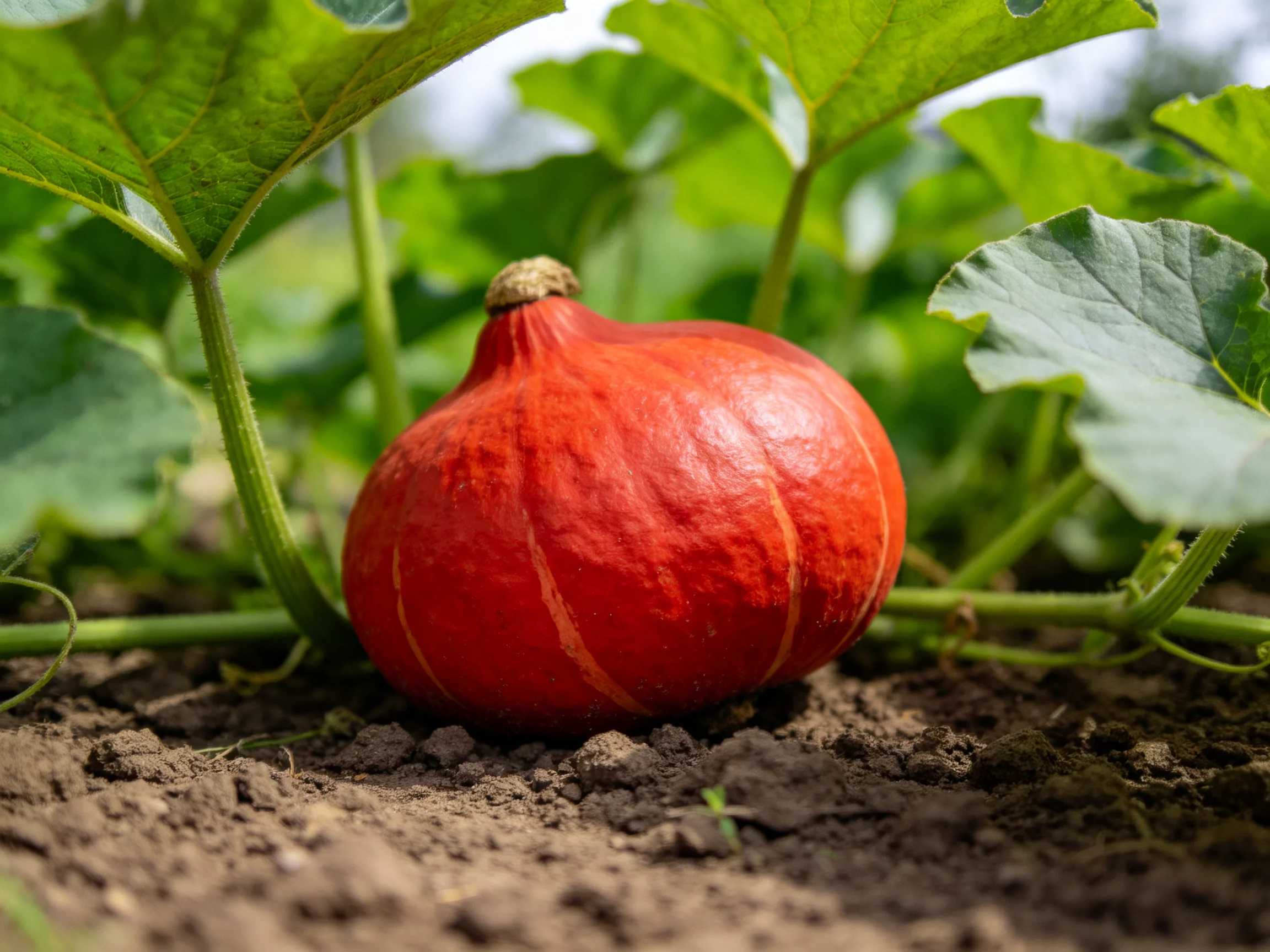A vibrant red pumpkin grows among lush green foliage in fertile garden soil