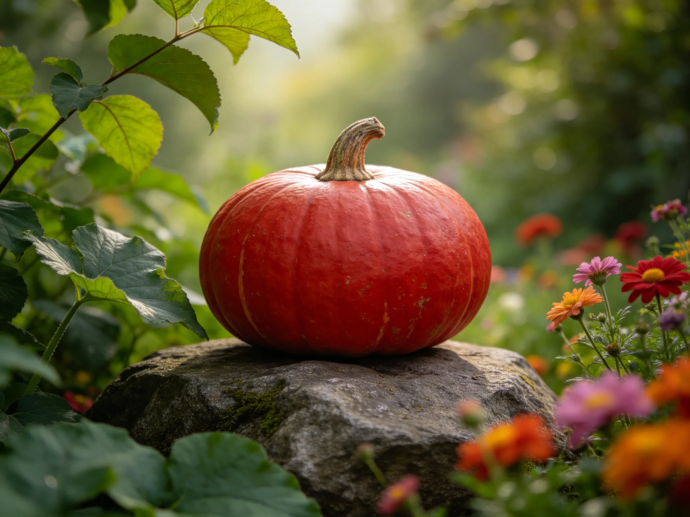 A vibrant red pumpkin rests on a mossy stone amid lush greenery and colorful flowers