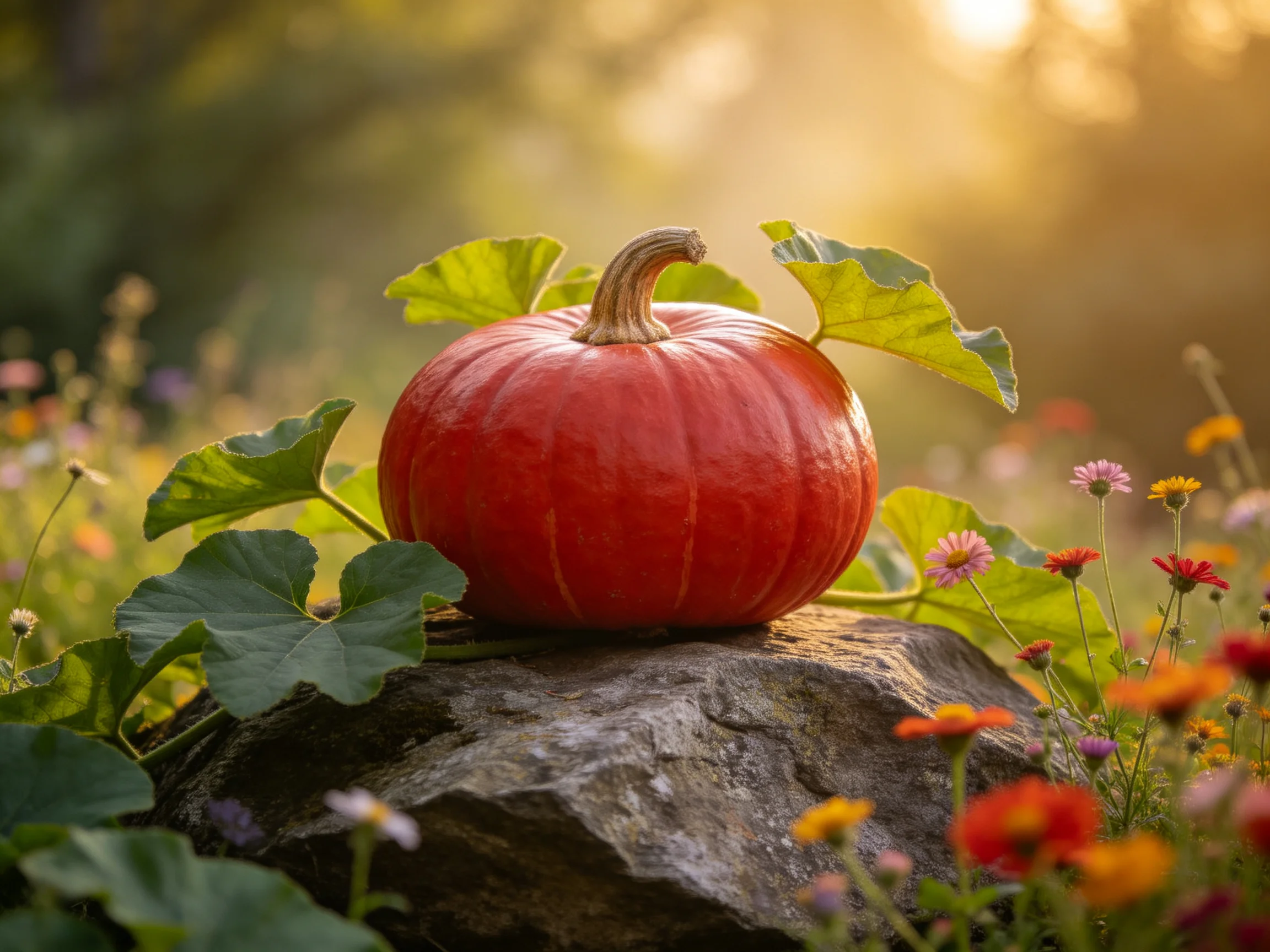 A vibrant red pumpkin rests on a weathered stone among colorful wildflowers and broad green leaves