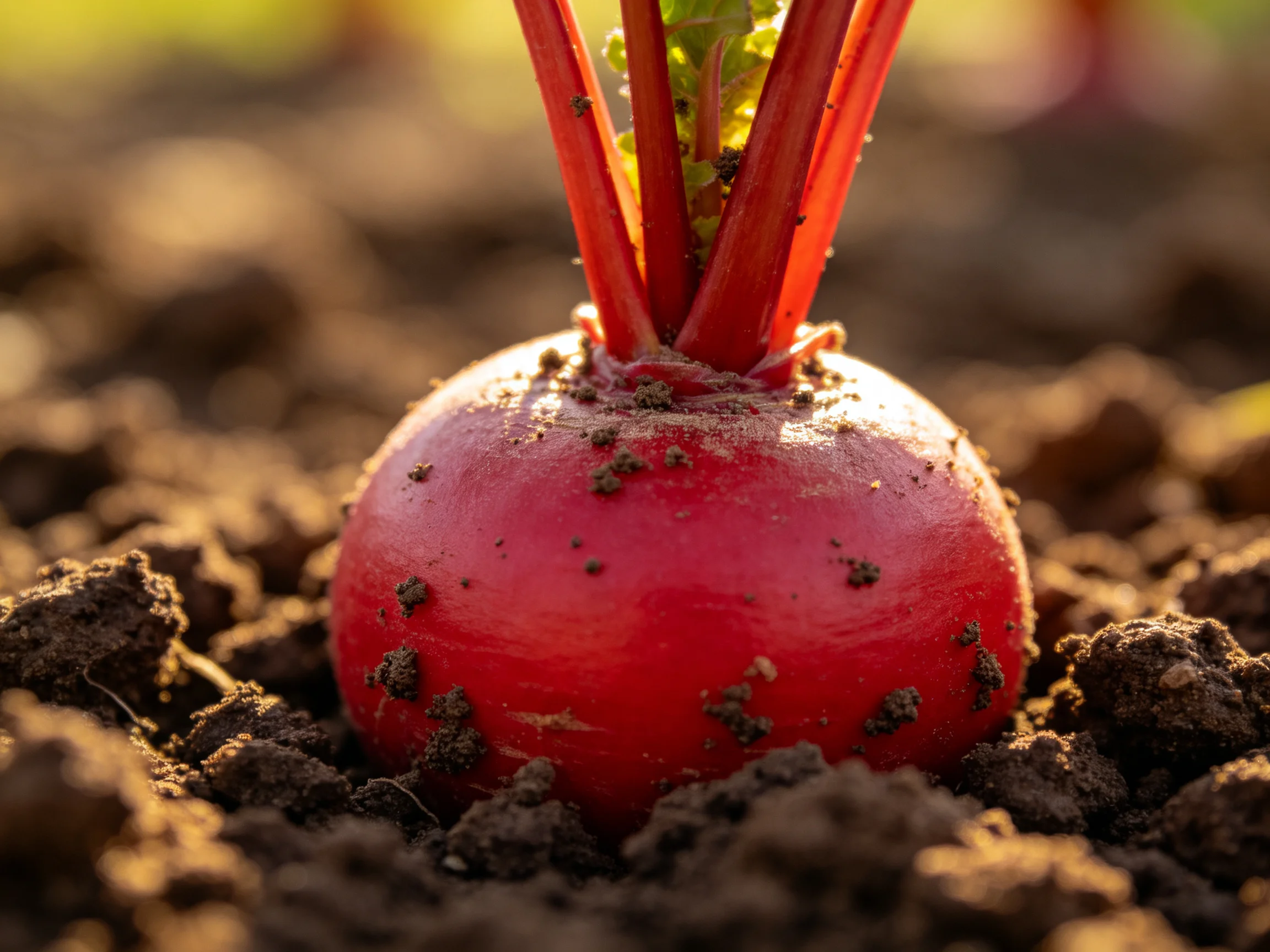A vibrant red radish partially buried in dark soil with green stems