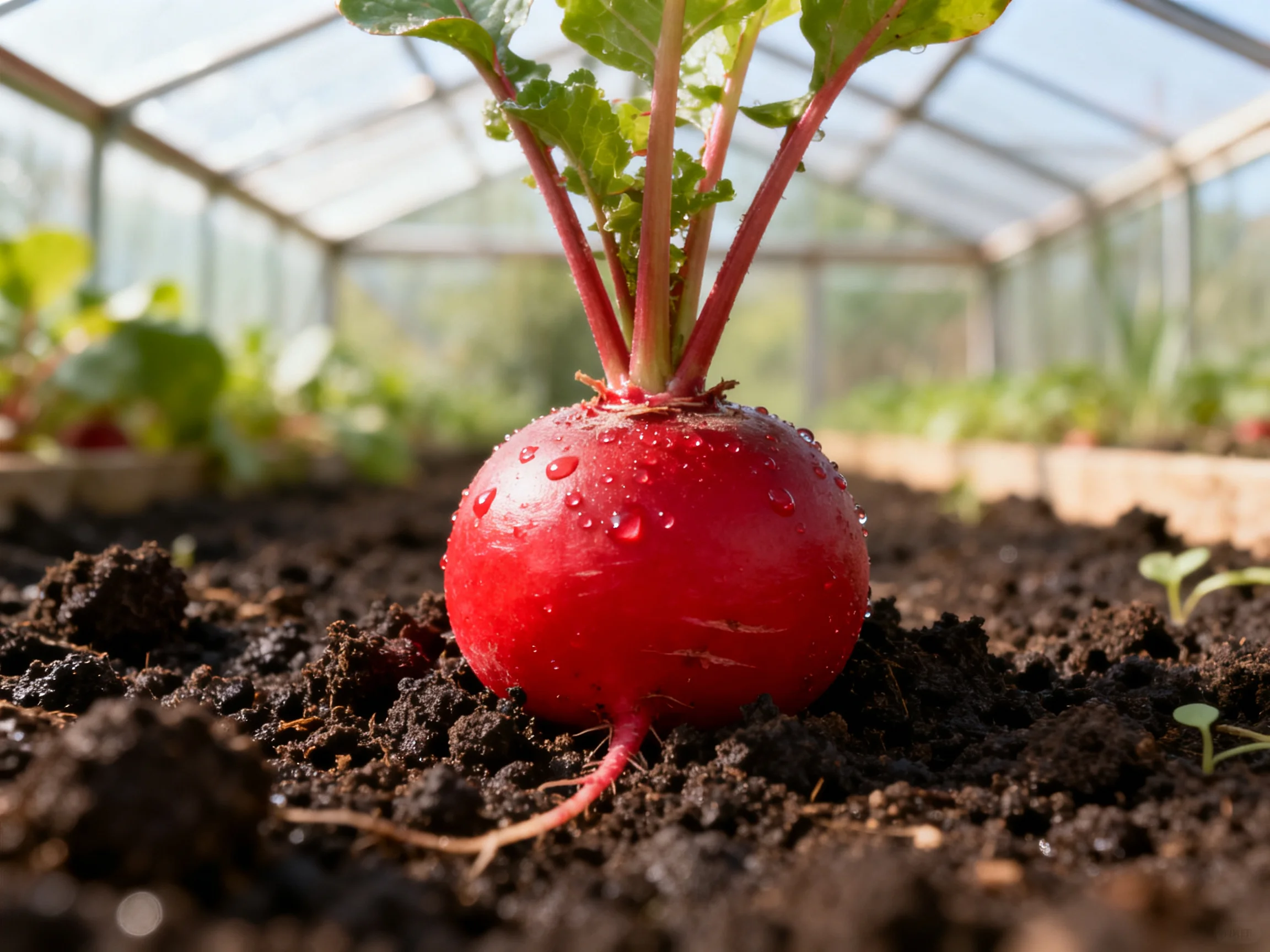 A vibrant red radish with water droplets in greenhouse soil