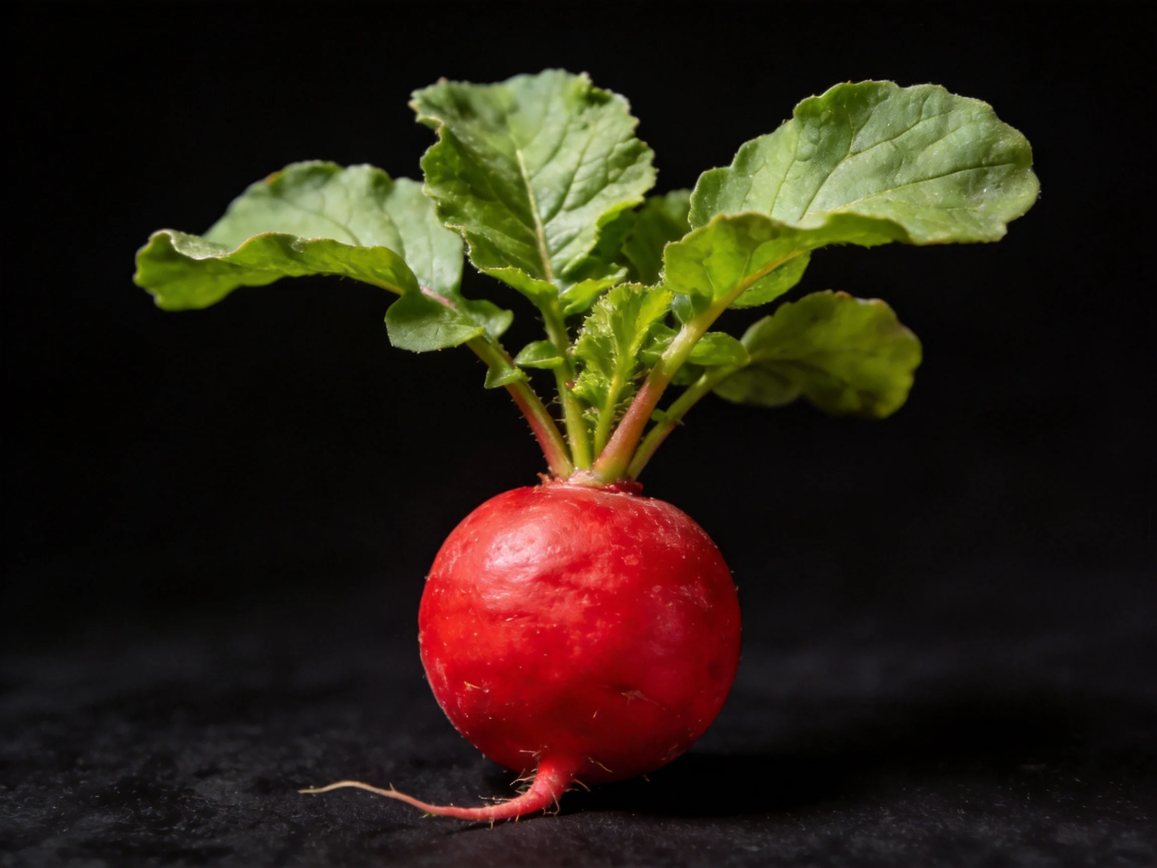 A vibrant red round radish with fresh green leaves against a black backdrop