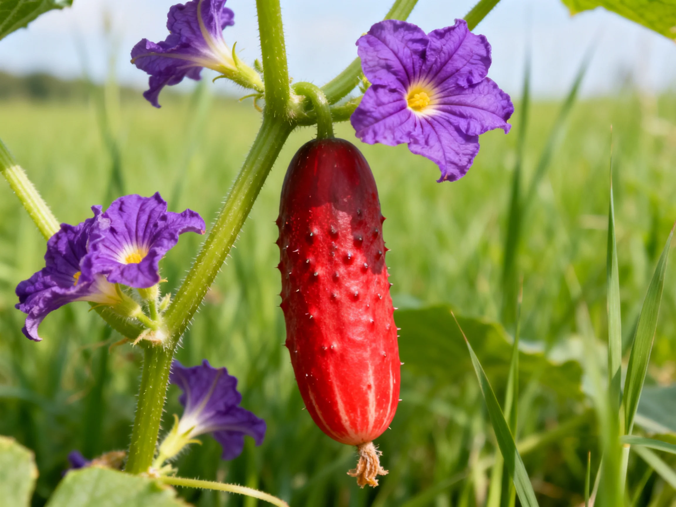 A vibrant red spiky cucumber hangs near purple flowers on a green vine.