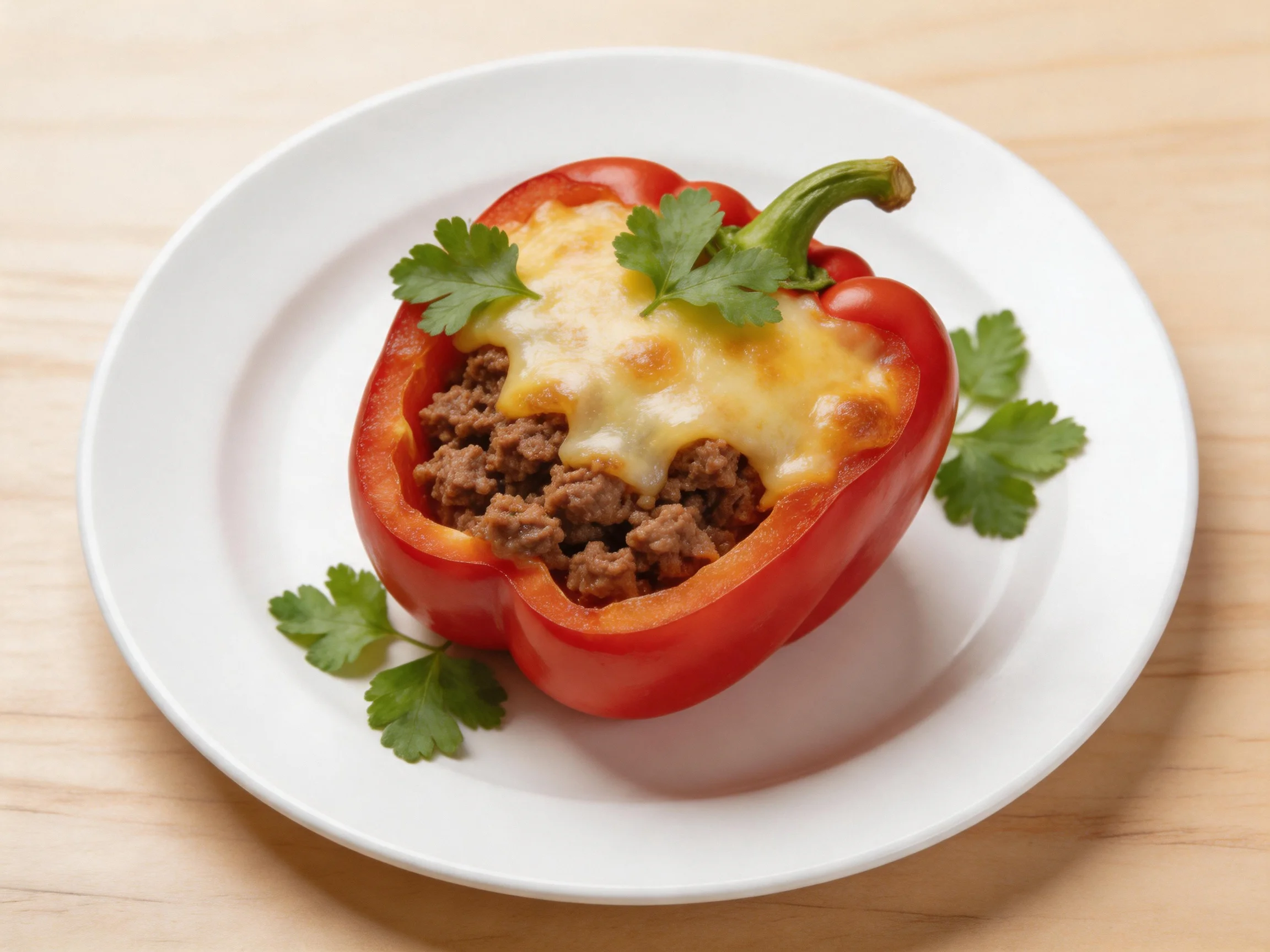 A vibrant red stuffed bell pepper with ground beef and melted cheese