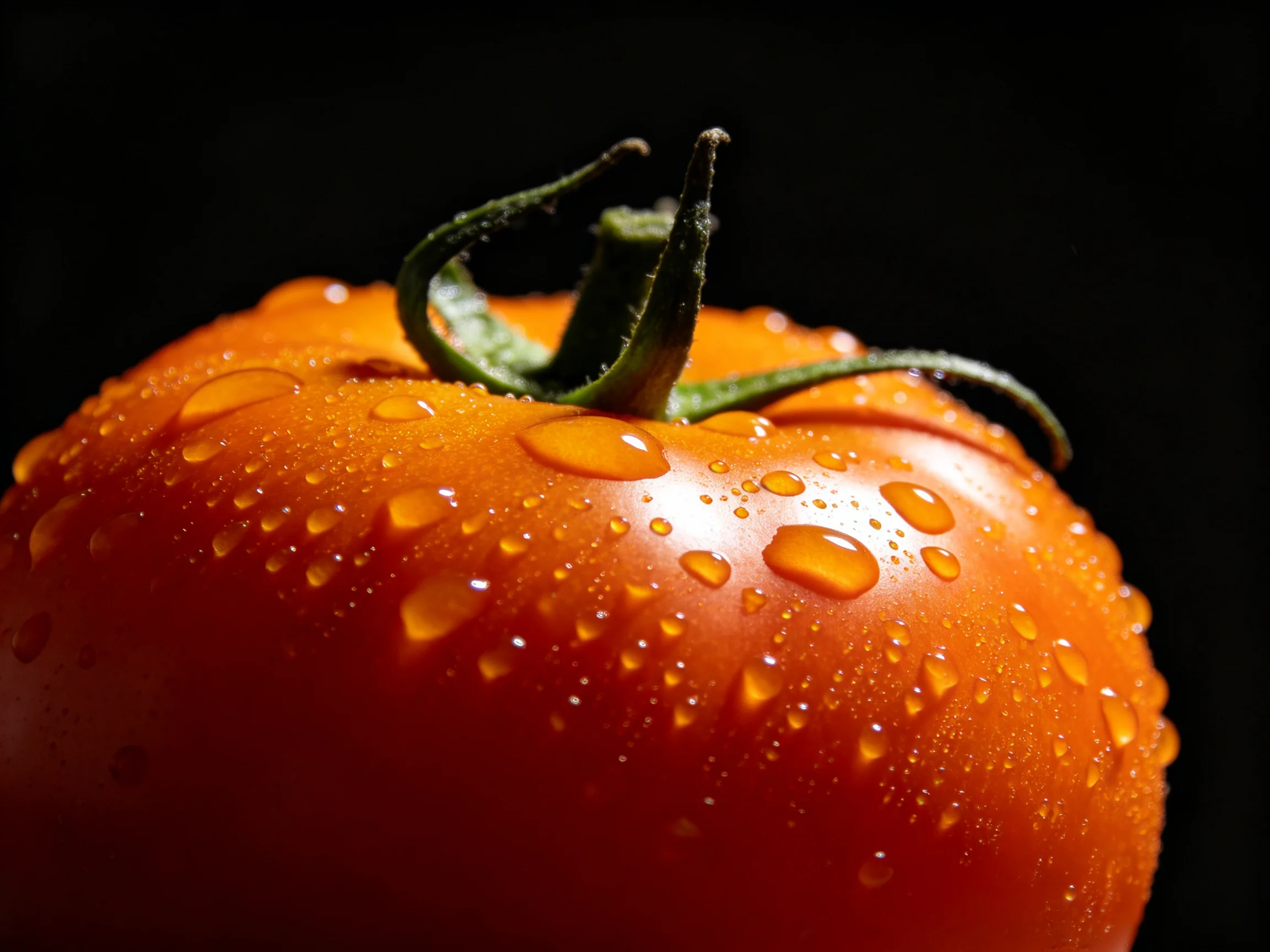 A vibrant red tomato adorned with water droplets and a green stem on a dark background