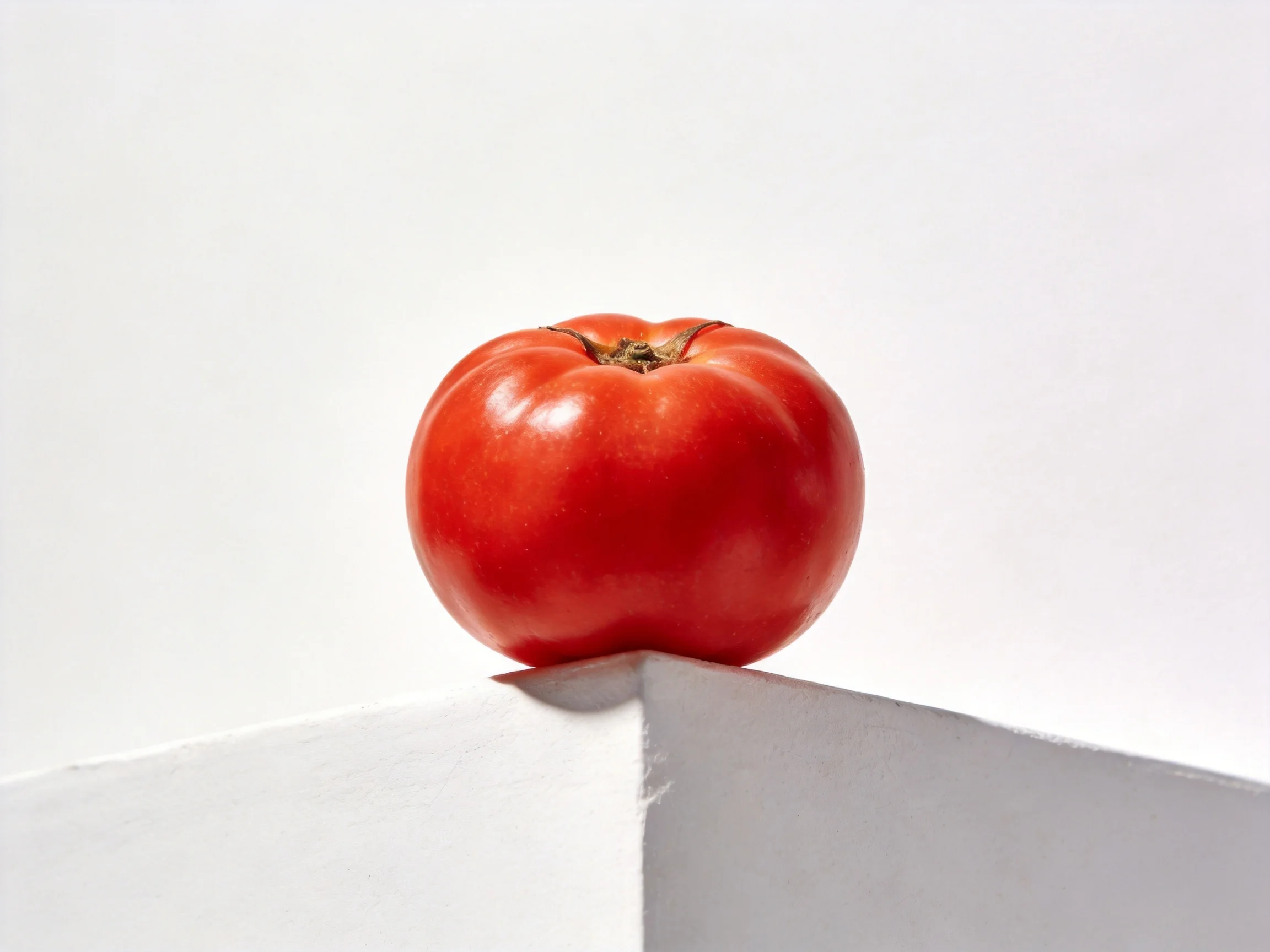 A vibrant red tomato balanced on a white angular structure