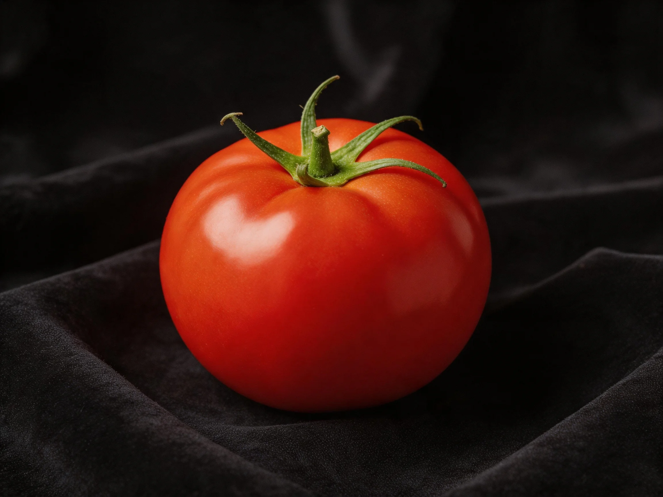A vibrant red tomato resting on a dark velvet cloth