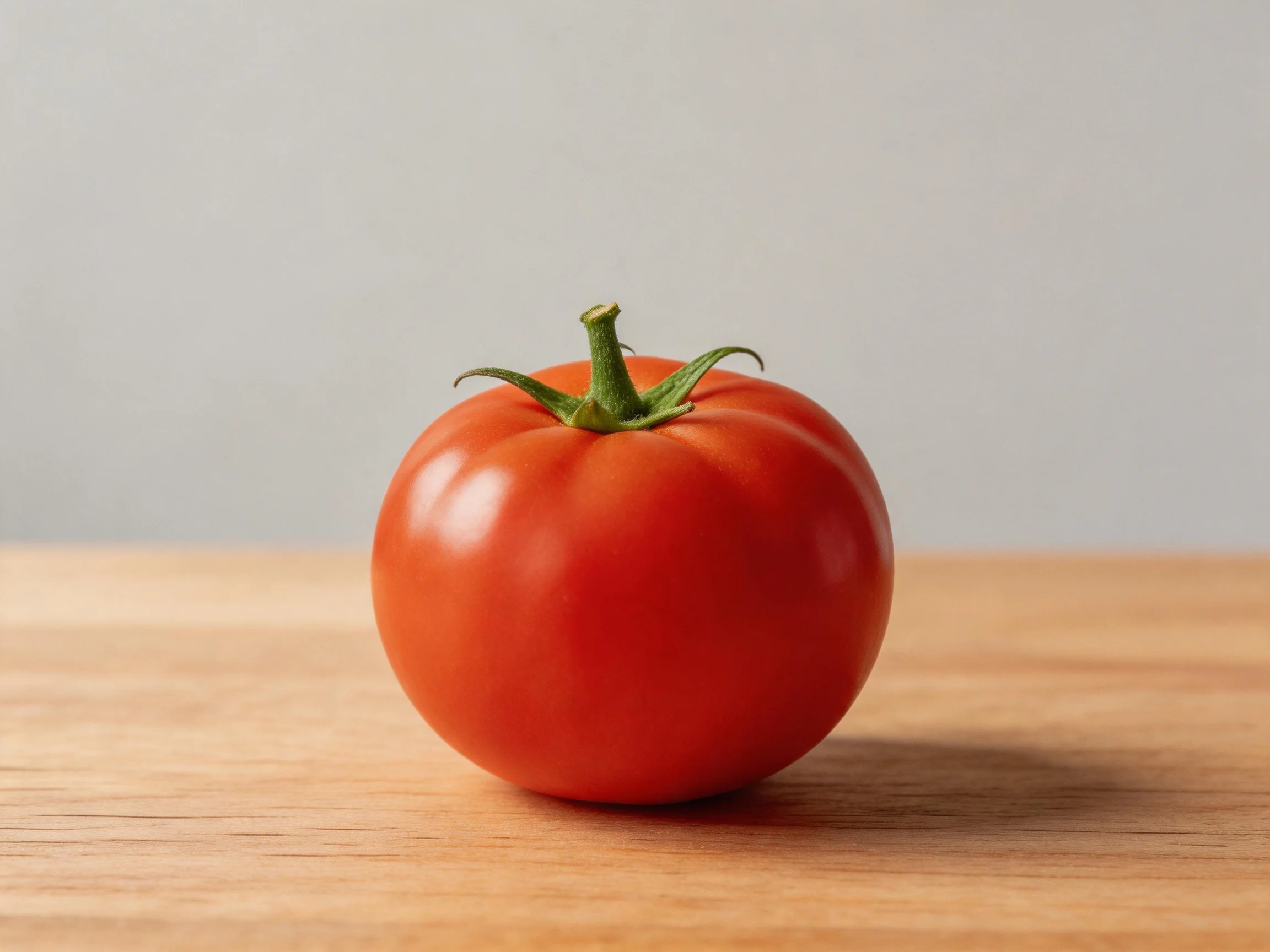 A vibrant red tomato rests on a light brown wooden surface