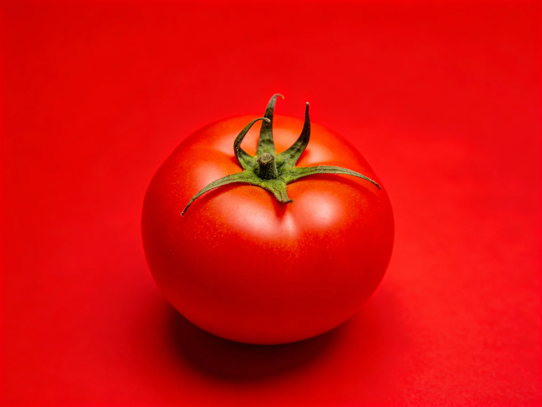 A vibrant red tomato sits alone on a monochromatic red surface