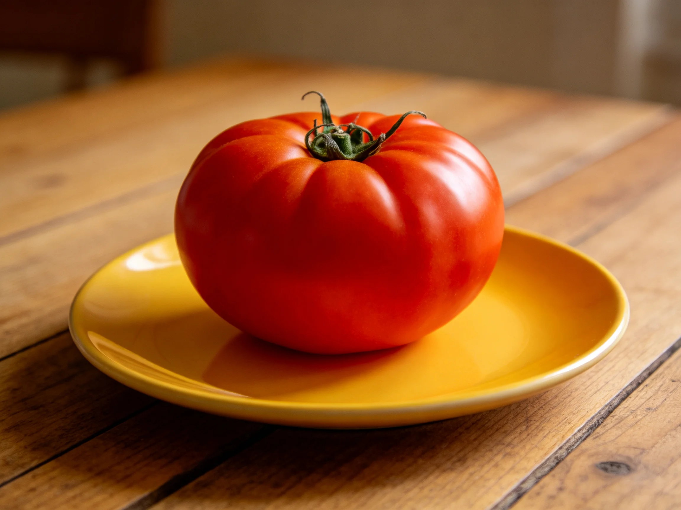 A vibrant red tomato sits atop a yellow plate on a wooden table