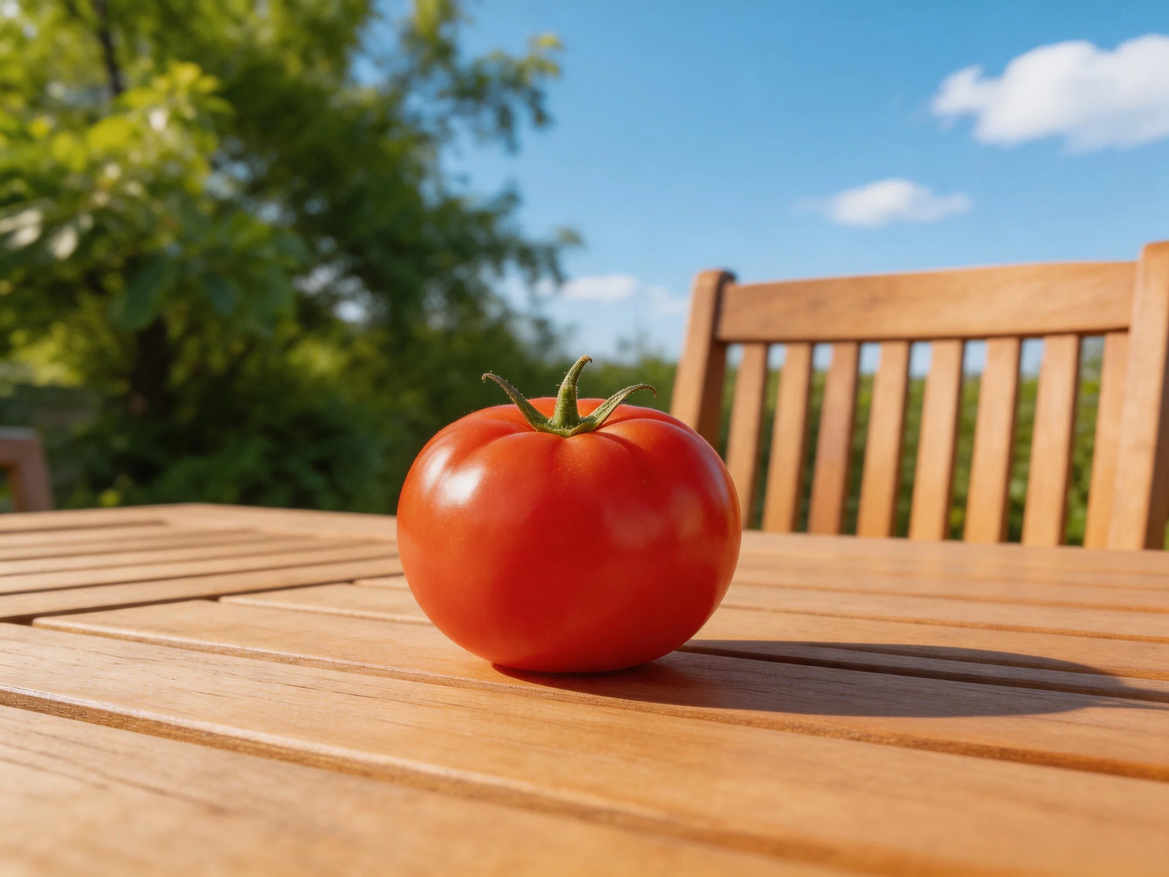 A vibrant red tomato sits on a wooden outdoor table under sunny skies