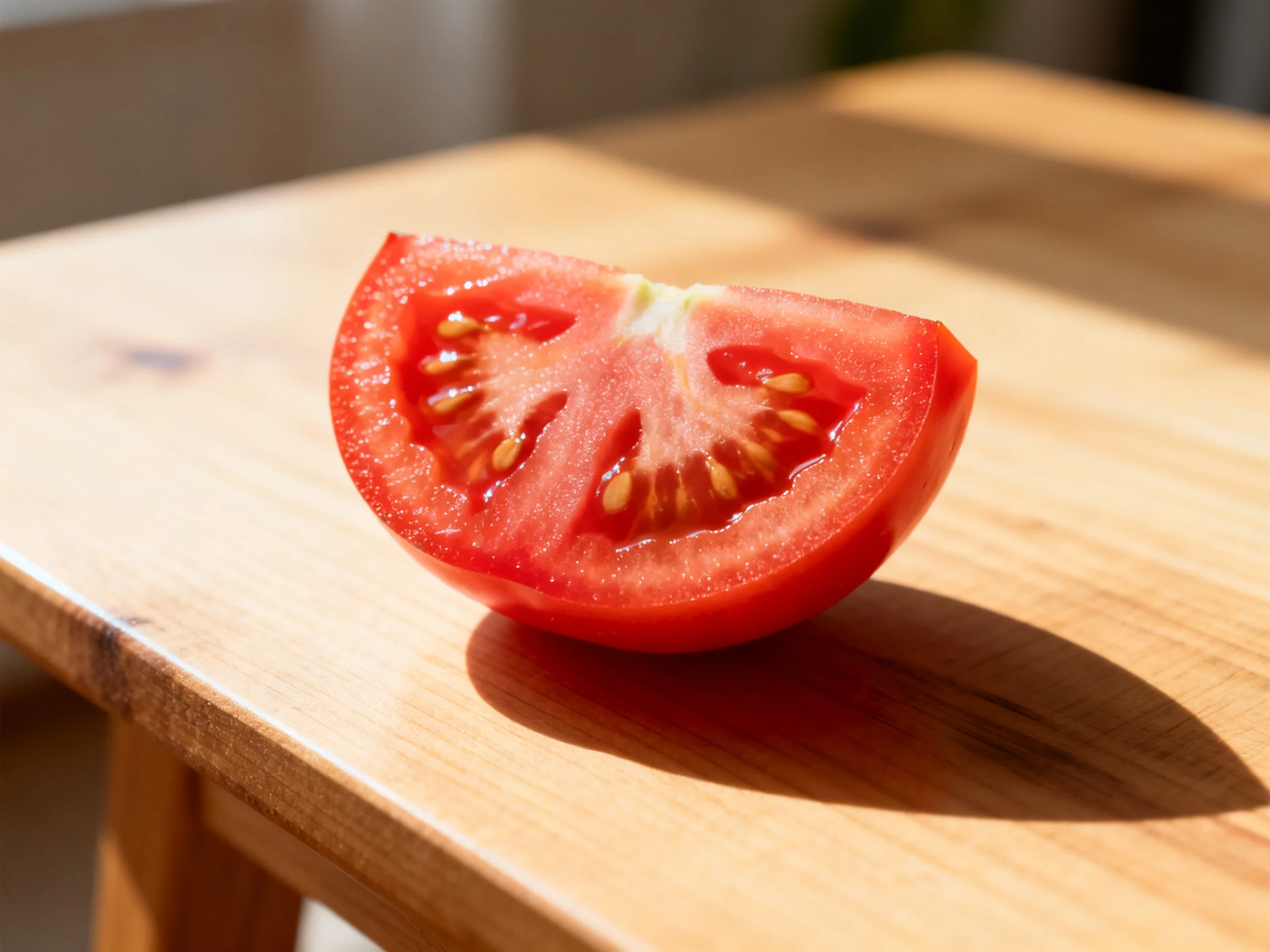 A vibrant red tomato slice rests on a light brown wooden surface