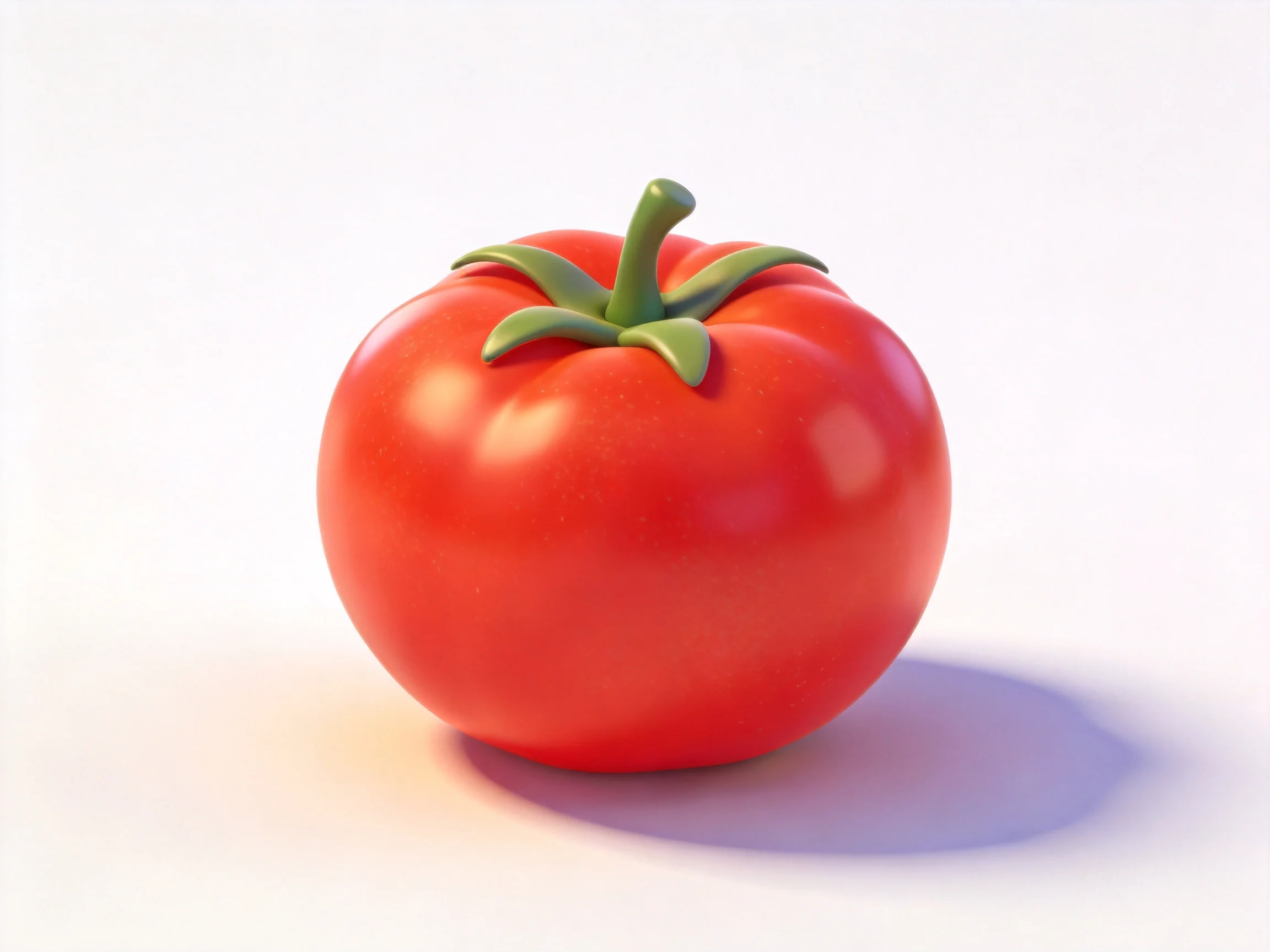 A vibrant red tomato with a green stem on a white surface