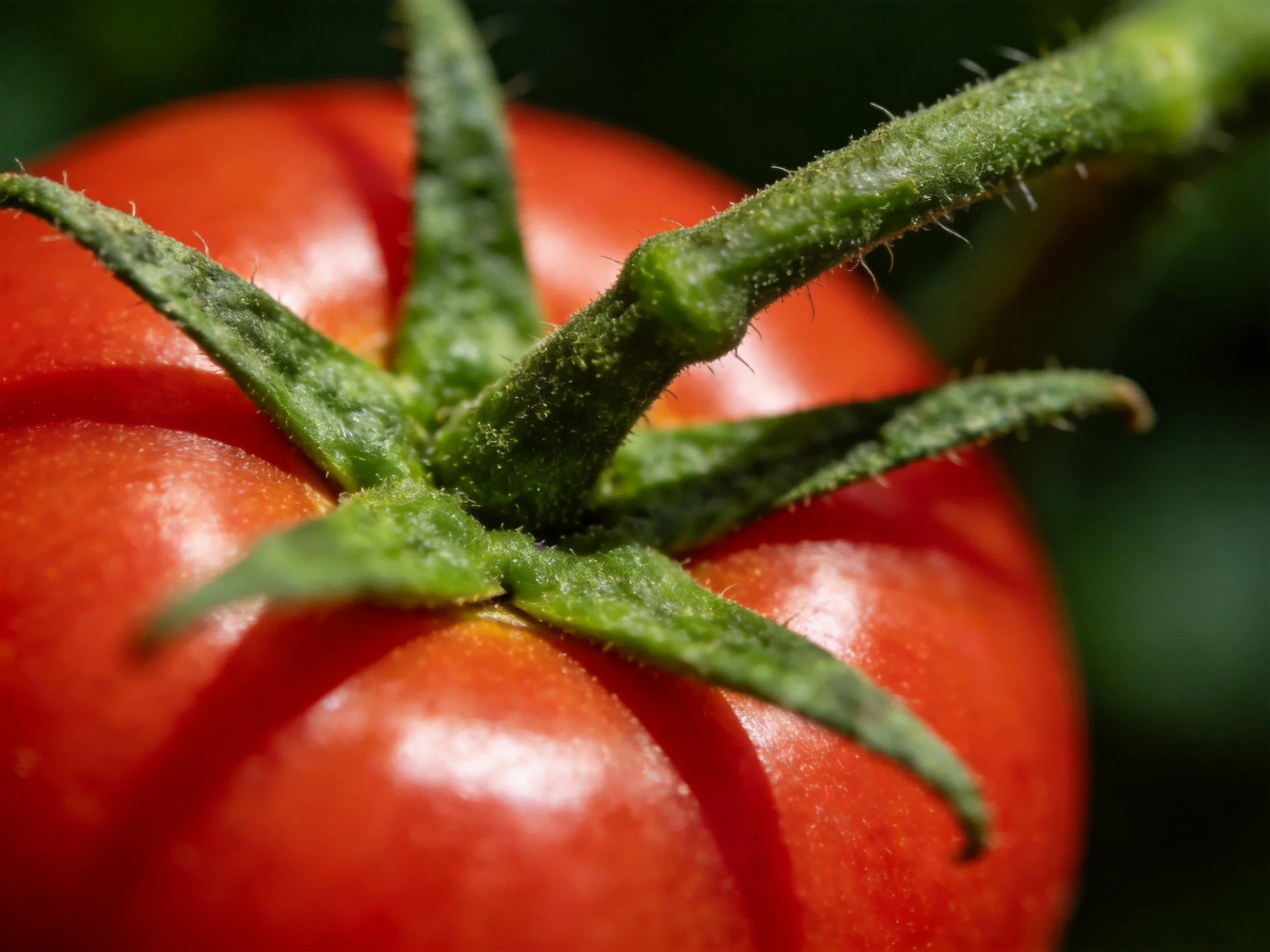A vibrant red tomato with textured green calyx and stem