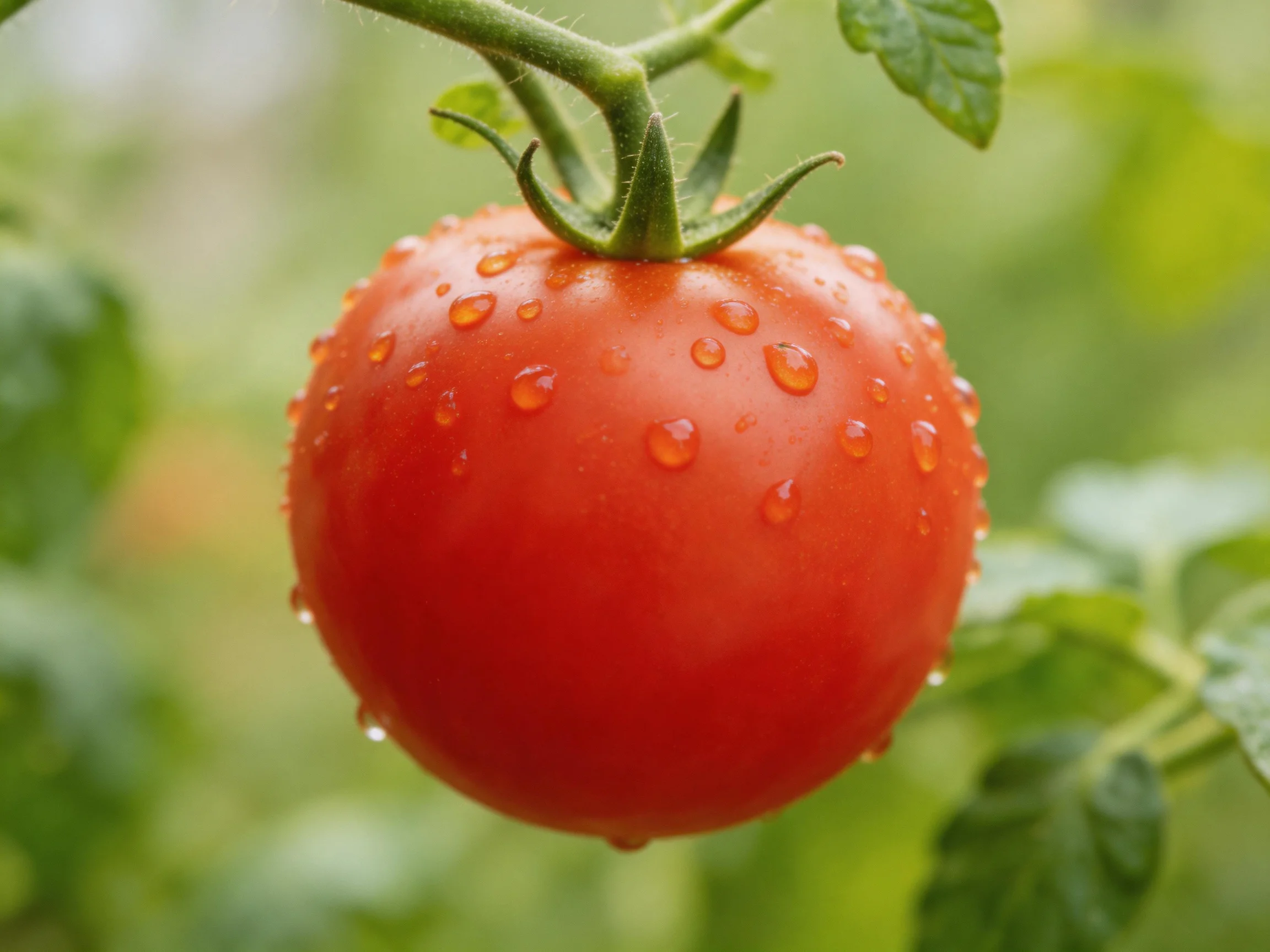 A vibrant red tomato with water droplets hanging from a green vine