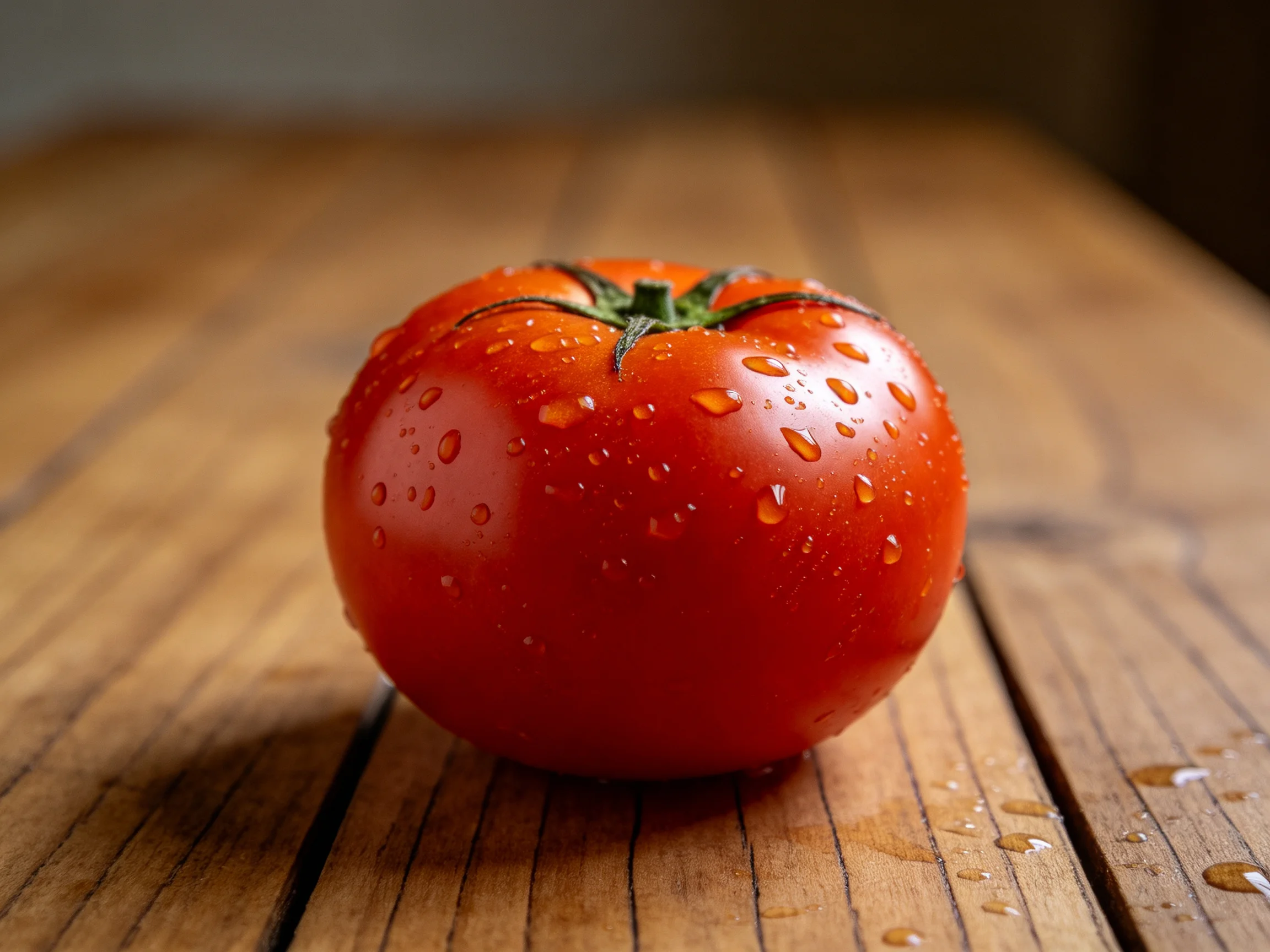 A vibrant red tomato with water droplets rests on a wooden table