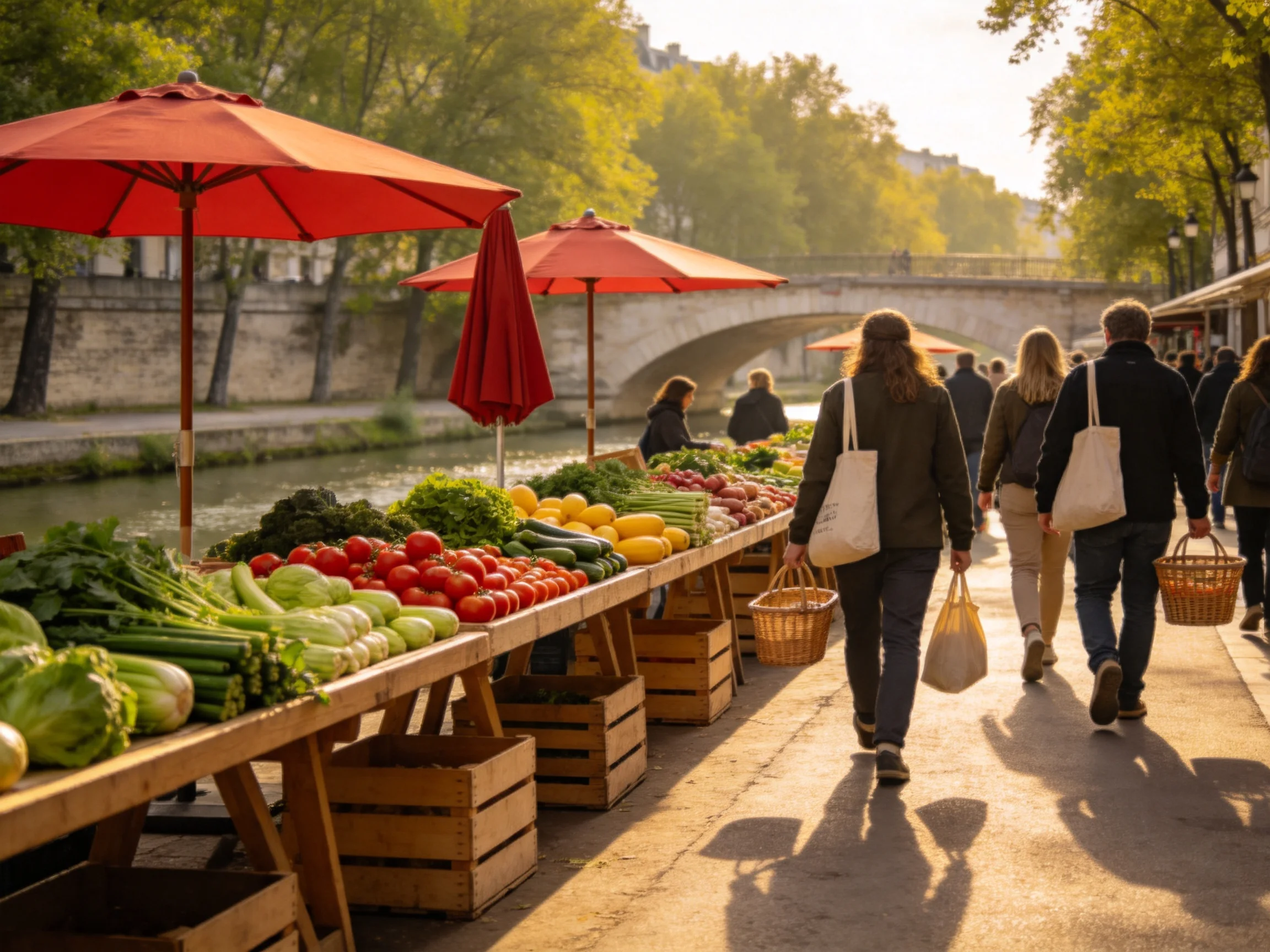 A vibrant riverside farmers market with colorful vegetables and pedestrians