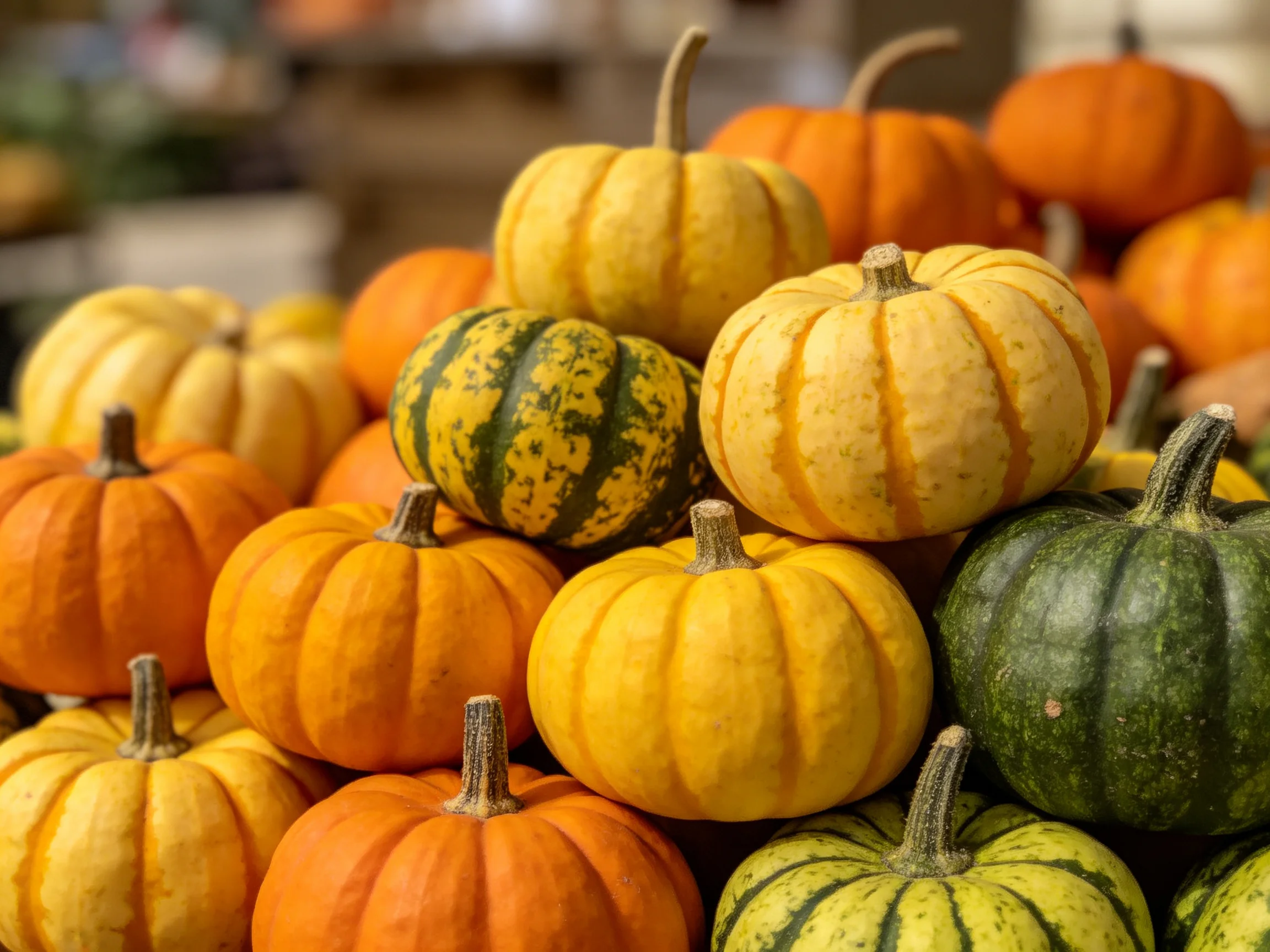 A vibrant stack of assorted small pumpkins in orange, yellow, and green hues