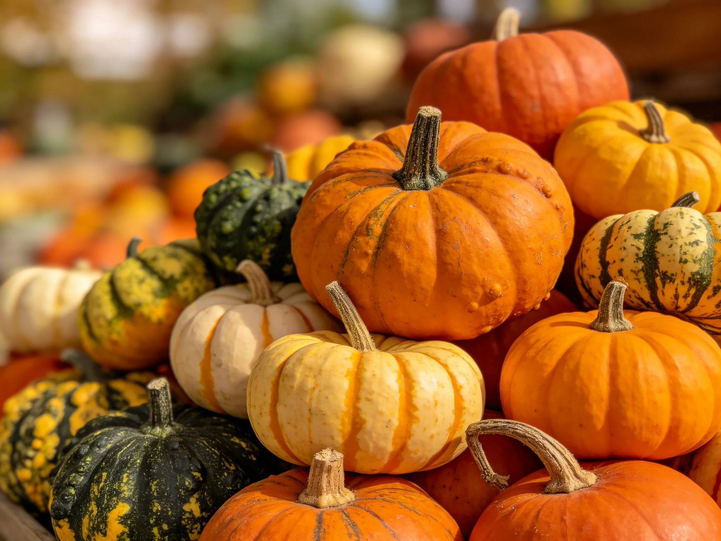 A vibrant stack of assorted small pumpkins in varied autumn colors