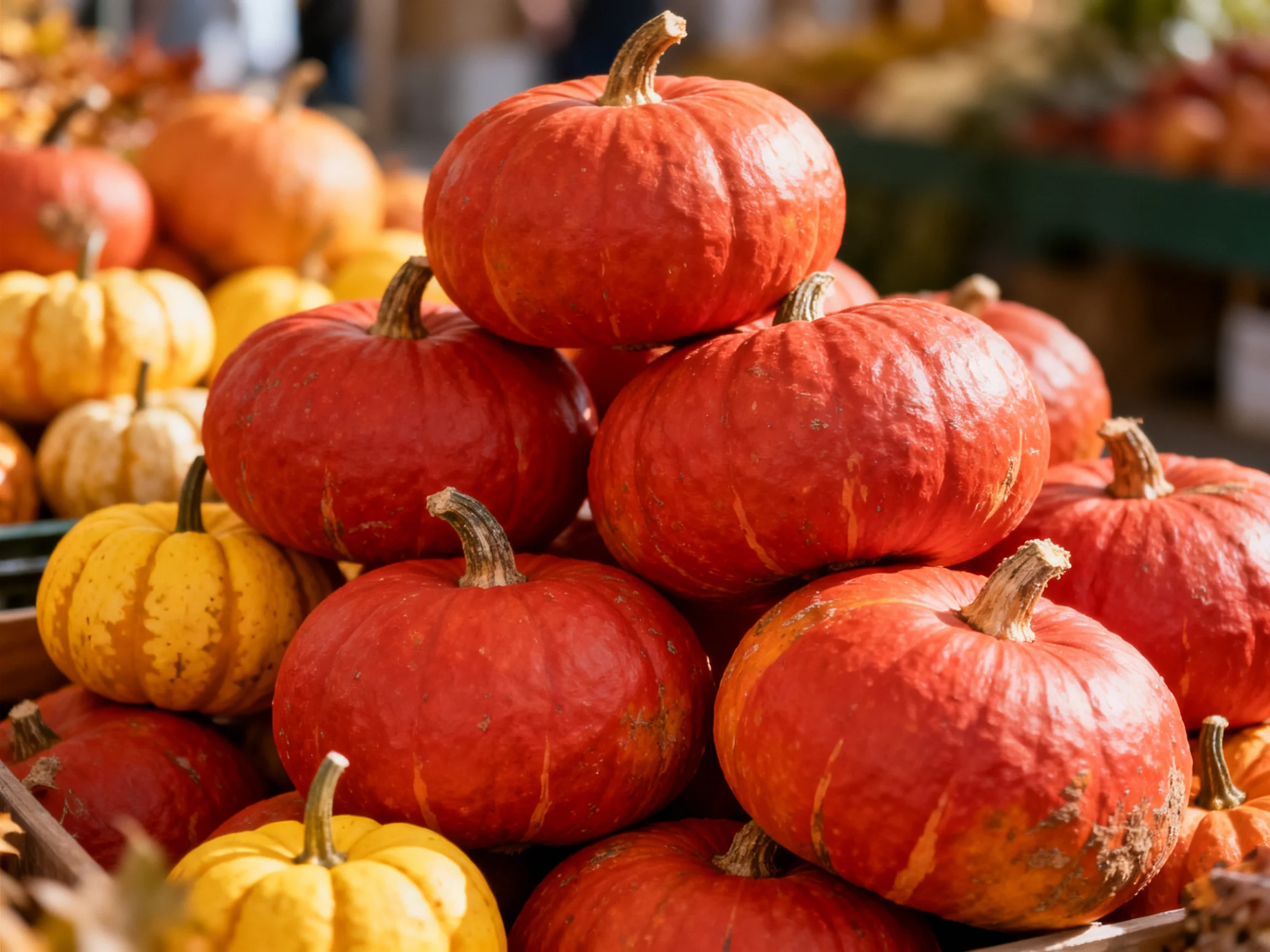 A vibrant stack of red and golden pumpkins arranged in a pyramid formation