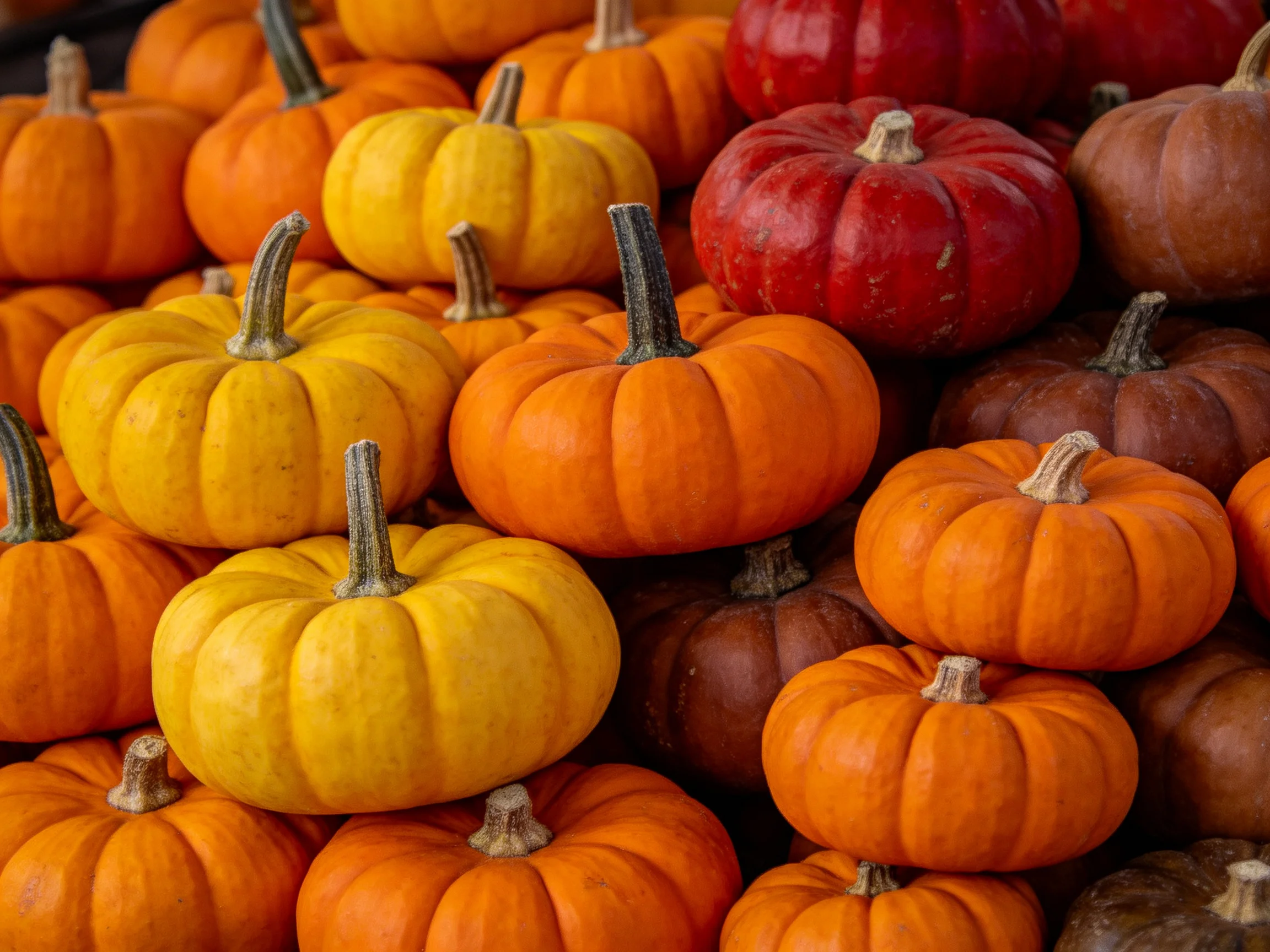 A vibrant stack of small pumpkins in orange, yellow, red, and brown varieties