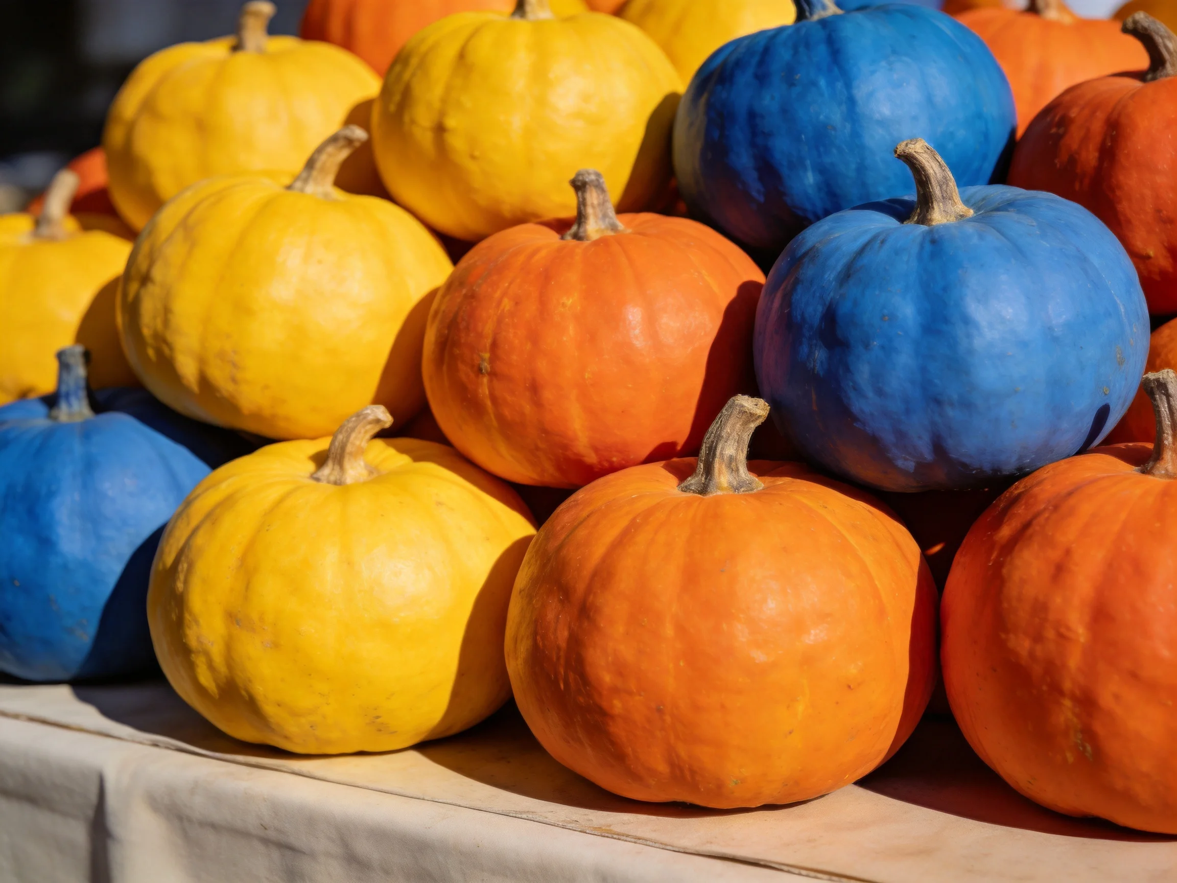 A vibrant stack of small pumpkins in yellow, blue, and orange hues